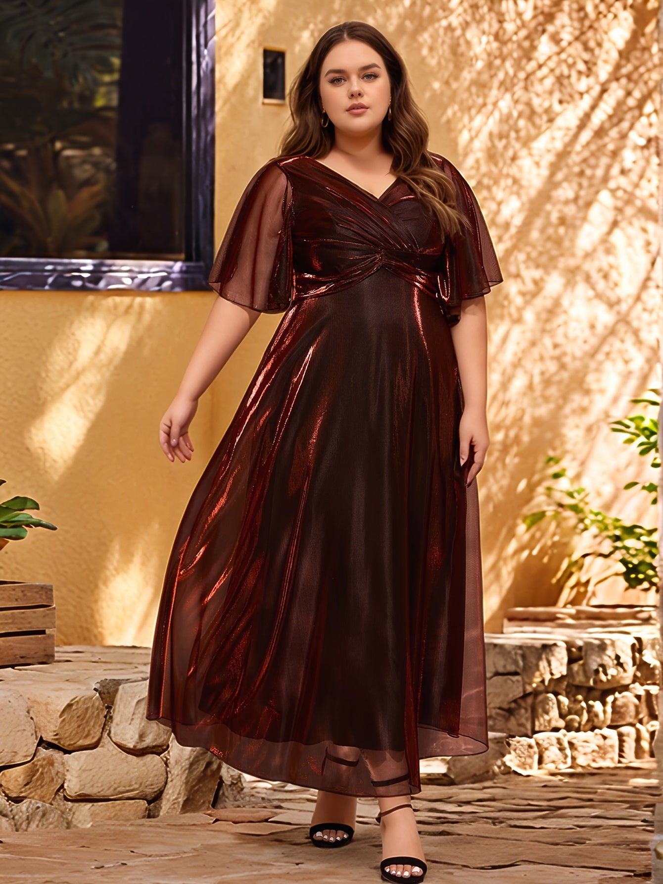Elegant Plus Size V-Neck Midi Dress – Ruffle Sleeves & Side Slit | Gradient Mesh Overlay | Purple & Golden Highlight