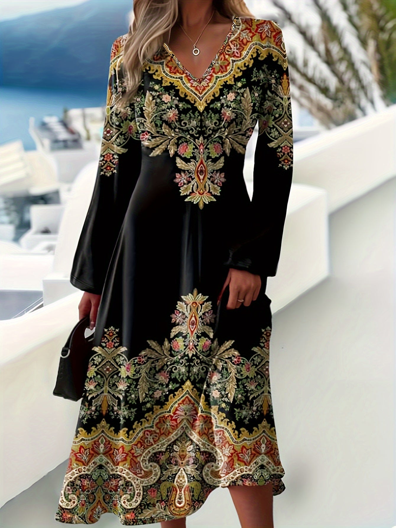 Women’s Elegant Vintage Paisley Print Maxi Dress – Long Sleeve V-Neck A-Line Fall/Winter Dress (Golden Red & Brown)