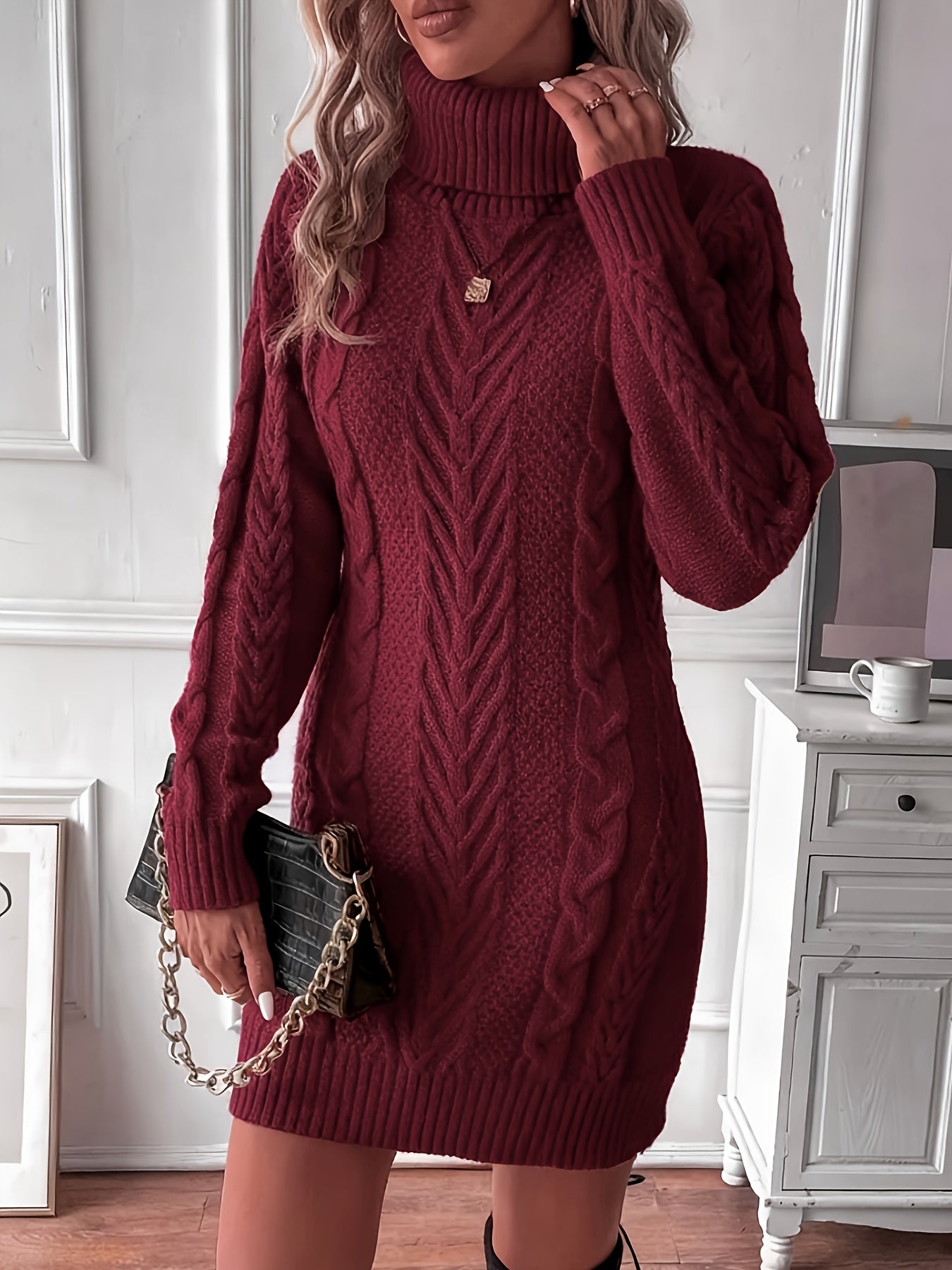 Women’s Elegant Cable Knit Sweater Dress – Long Sleeve, High Neck, Solid Color | Fall/Winter Knit Dress