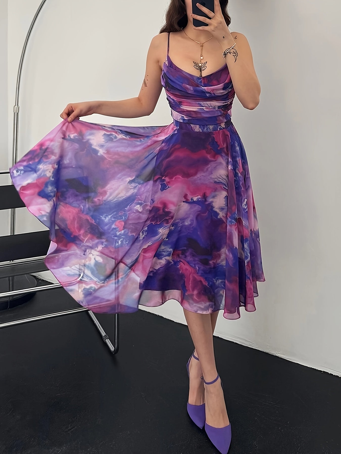 Deep Purple Tie-Dye Spaghetti Strap Mini Dress – Sleeveless A-Line with Ruffled Hem | Summer Party & Casual Wear