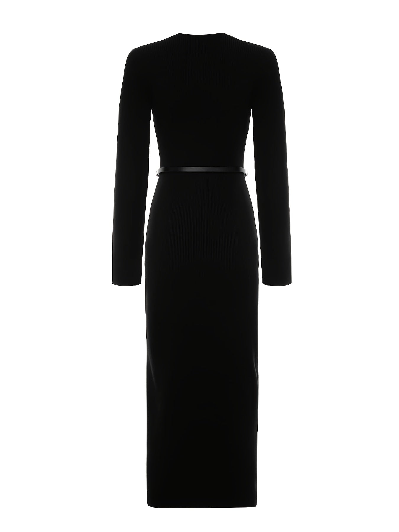 Women’s Elegant Long Sleeve V-Neck Dress – Button Front, Side Slit, Belted Waist, Solid Color, Fall/Winter Formal & Everyday Dress