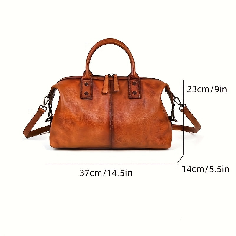 Women’s Vintage Genuine Leather Tote Bag – Large Capacity, Detachable Shoulder Strap & Zipper Closure