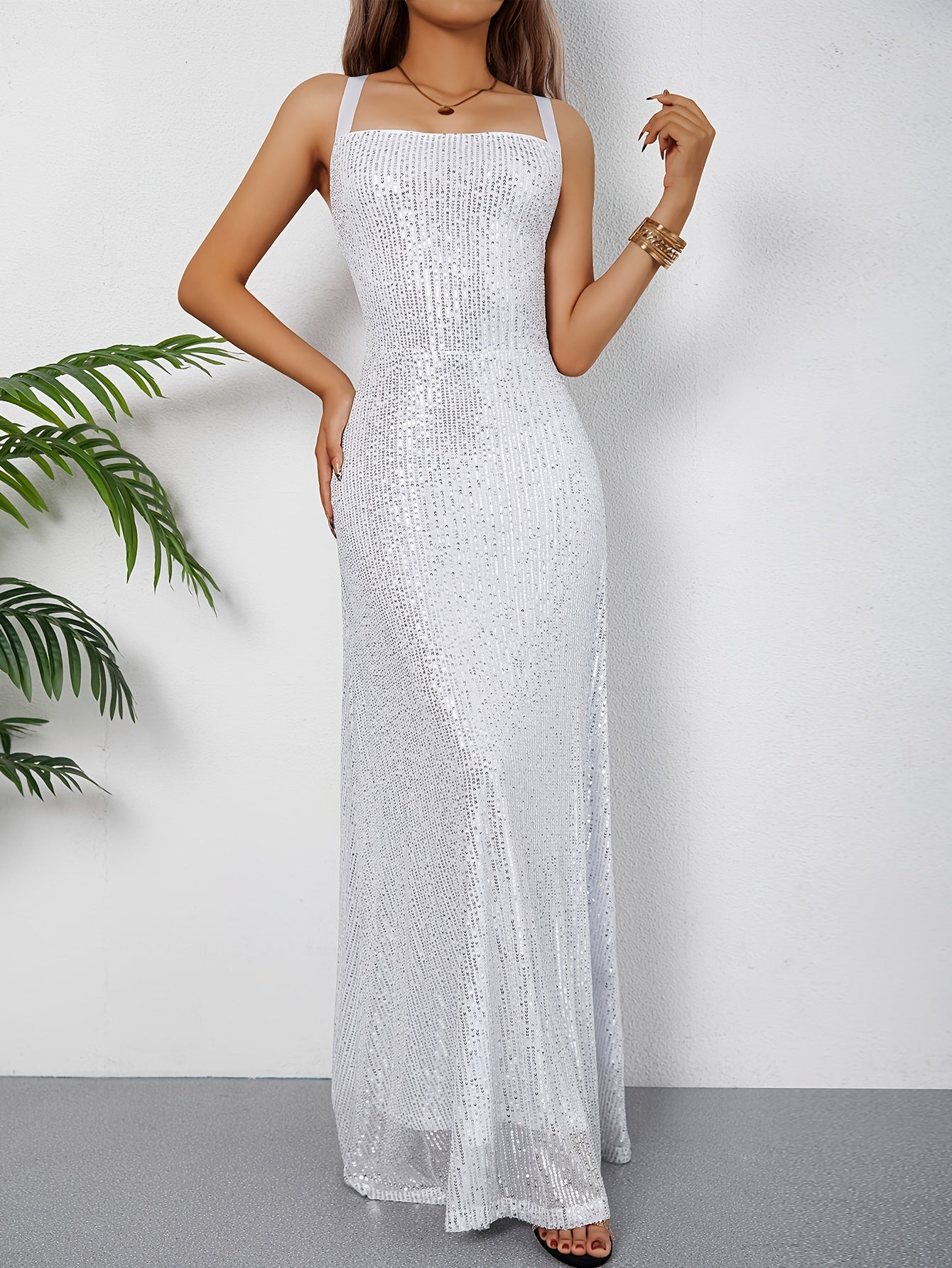 Elegant Sequined Off-the-Shoulder Evening Gown – Sleeveless Fit & Flare Long Dress for Women