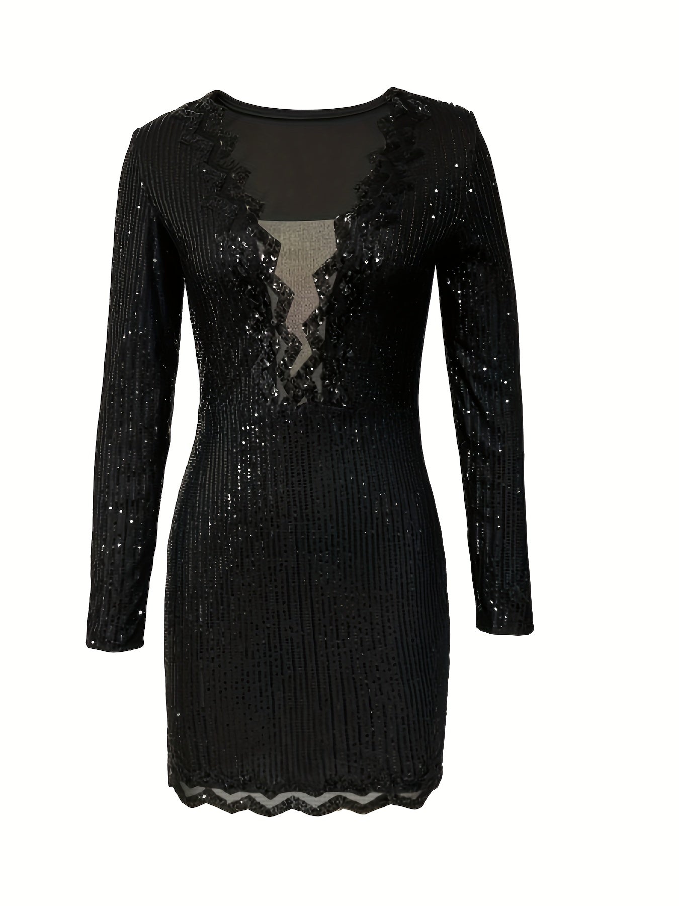 Sequined Deep V-Neck Bodycon Dress – Long Sleeve Mini Dress | Scallop Trim | Sexy Spring Outfit