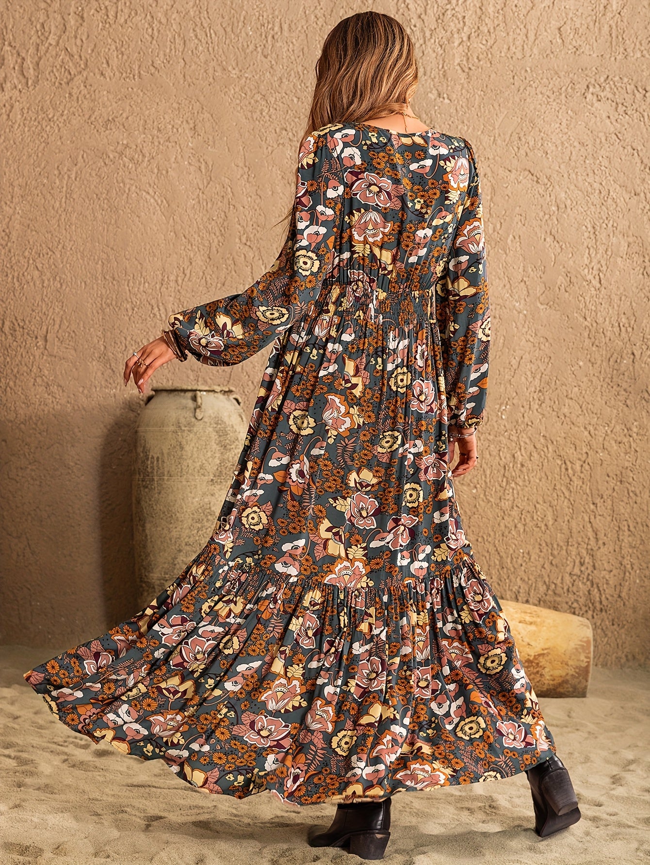 Women’s Bohemian Multi-Color A-Line Maxi Dress – V-Neck Long Sleeve Floor-Length Fall/Winter Party & Wedding Guest Dress (Green/Brown/Black/Beige/Taupe)