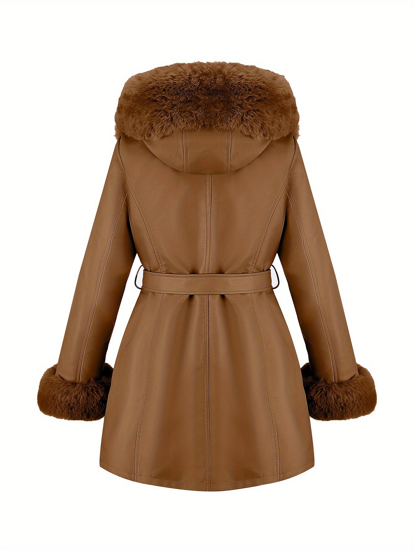 Women’s Elegant Genuine Leather Jacket – Suede Lining, Solid Color, Hooded Cold Weather Coat with Faux Fur Trim for Fall/Winter Outerwear