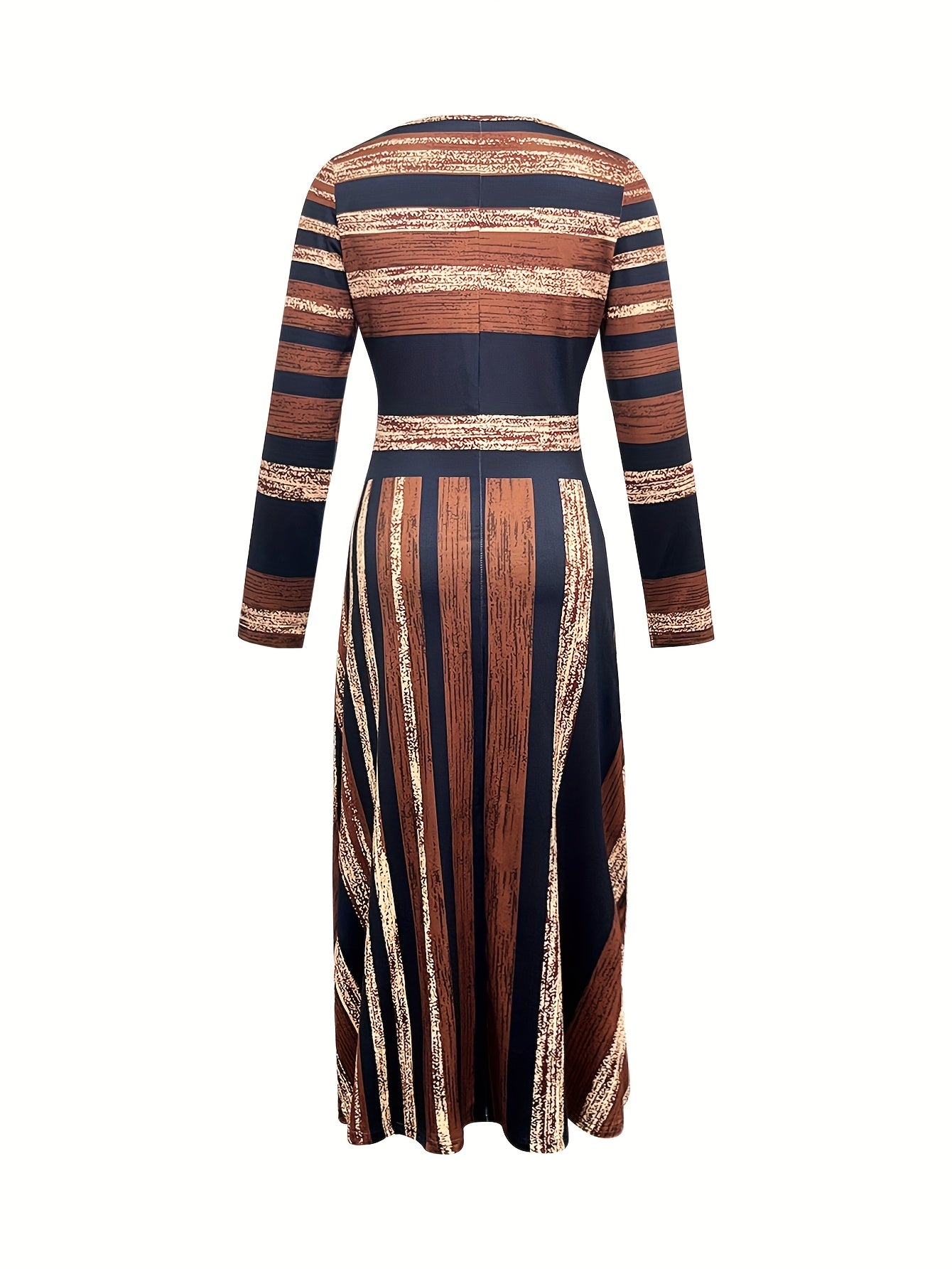 Women’s Elegant Striped Maxi Dress – Long Sleeve, Round Neck, A-Line Silhouette (Navy & Brown)