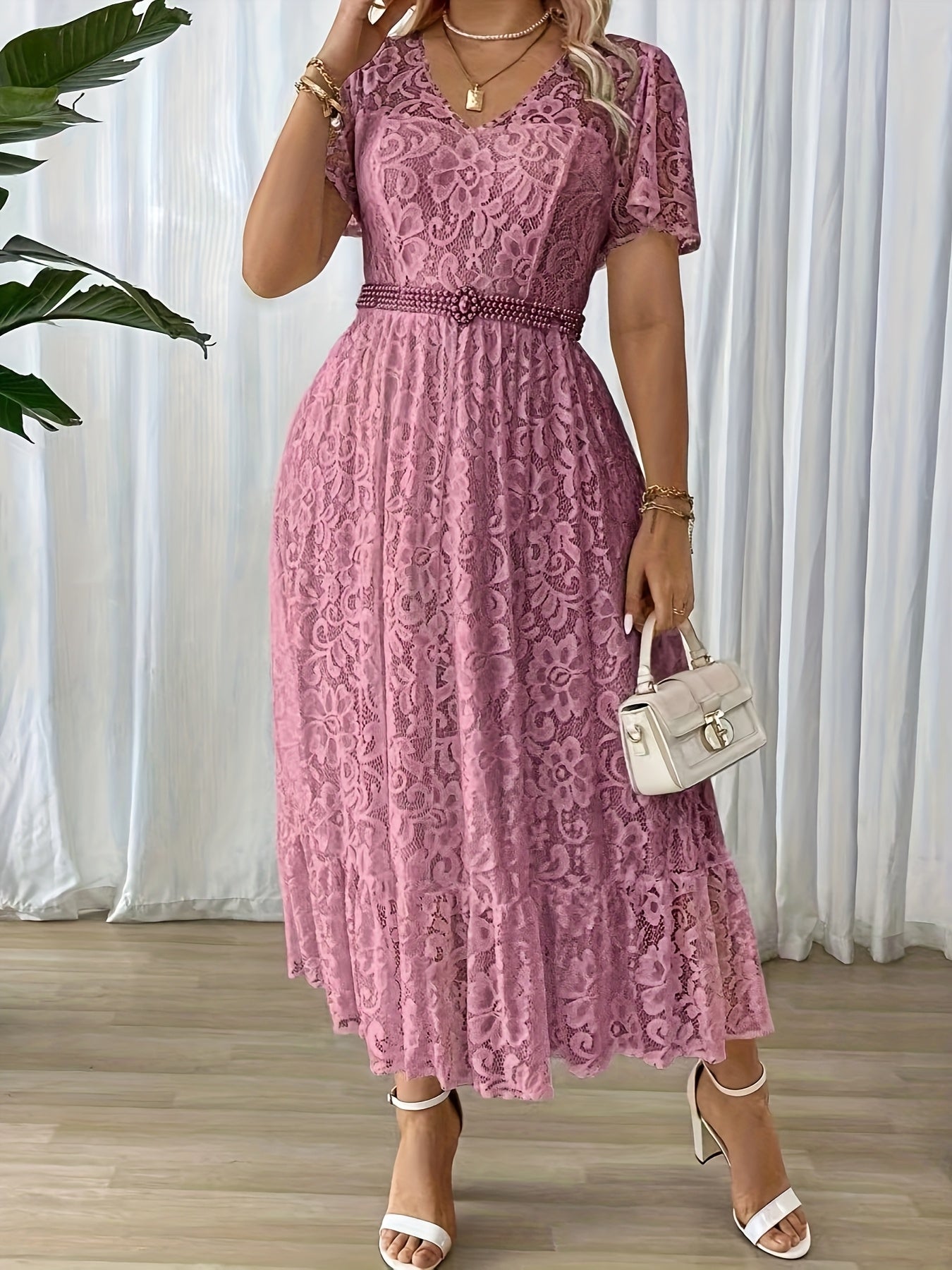 Plus Size Elegant A-Line Lace-Collar Dress – Long Solid Black Formal Party & Wedding Guest Gown