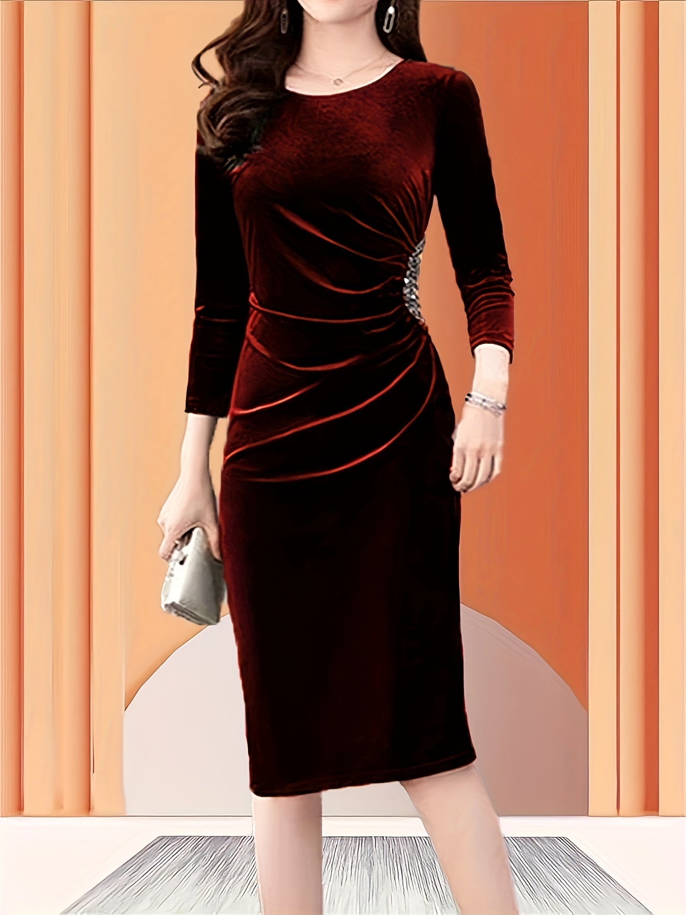 Velvet Zipper Slit Bodycon Dress – Elegant 3/4 Sleeve Slim Fit Dress for Women, Spring & Fall