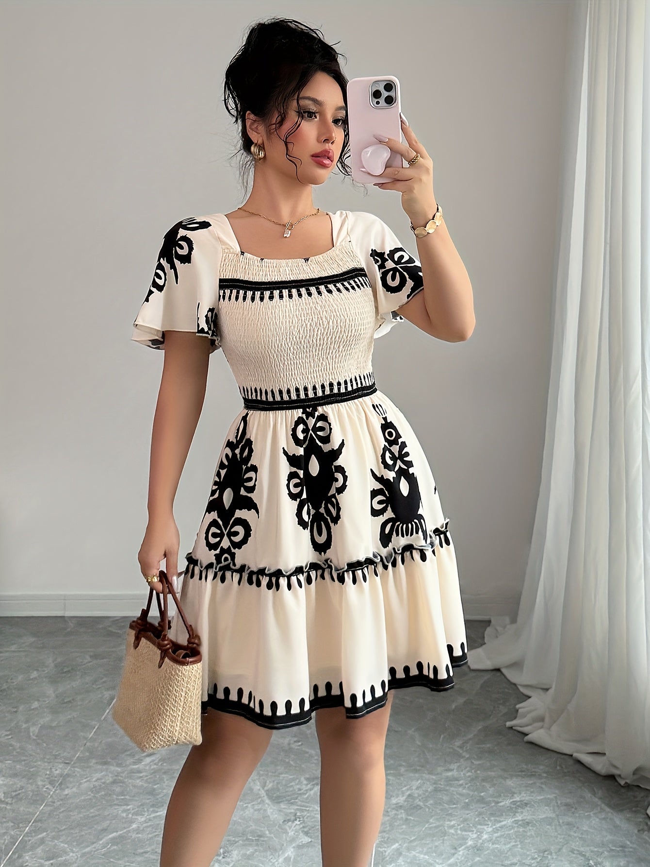 Elegant Printed Square Neck Mini Dress – Pleated A-Line Silhouette with Cinched Waist & Ruffled Edges