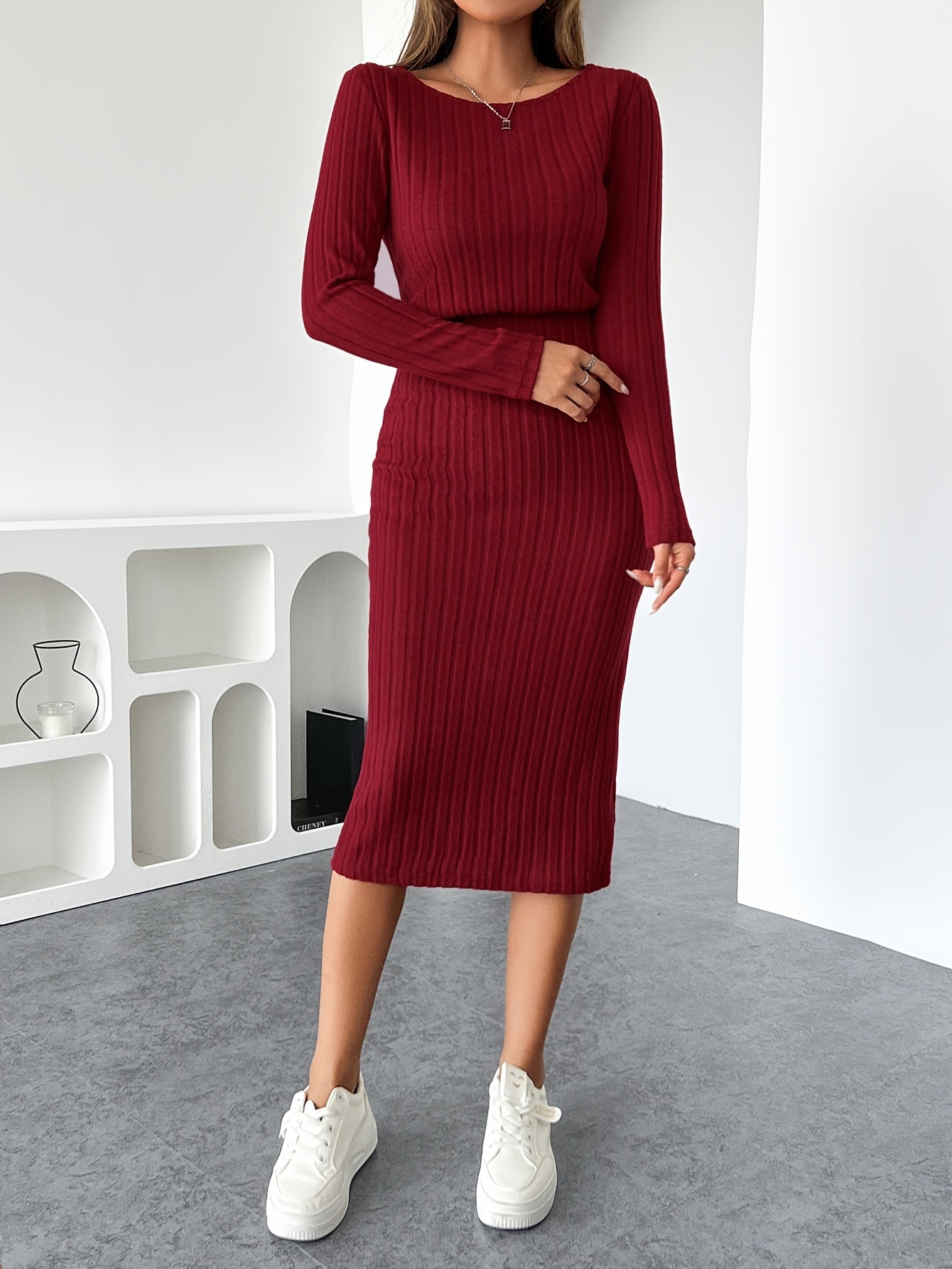 Women’s Elegant Ribbed Bodycon Midi Dress – Long Sleeve High-Elasticity Knit | Round Neck | Fall/Winter Casual to Formal Wear