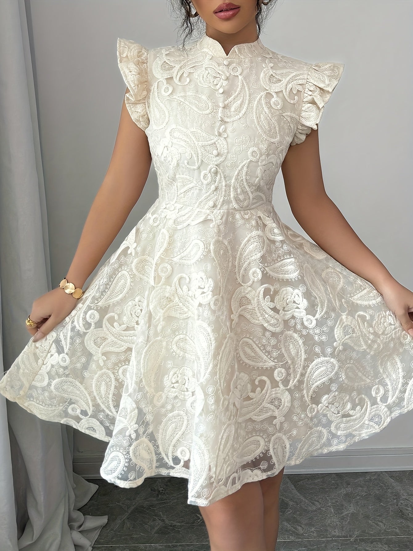 Elegant A-Line Mini Dress with Stand Collar & Contrast Lace Trim – Solid Color Short Sleeve Flared Hem Dress for Spring, Summer & Fall