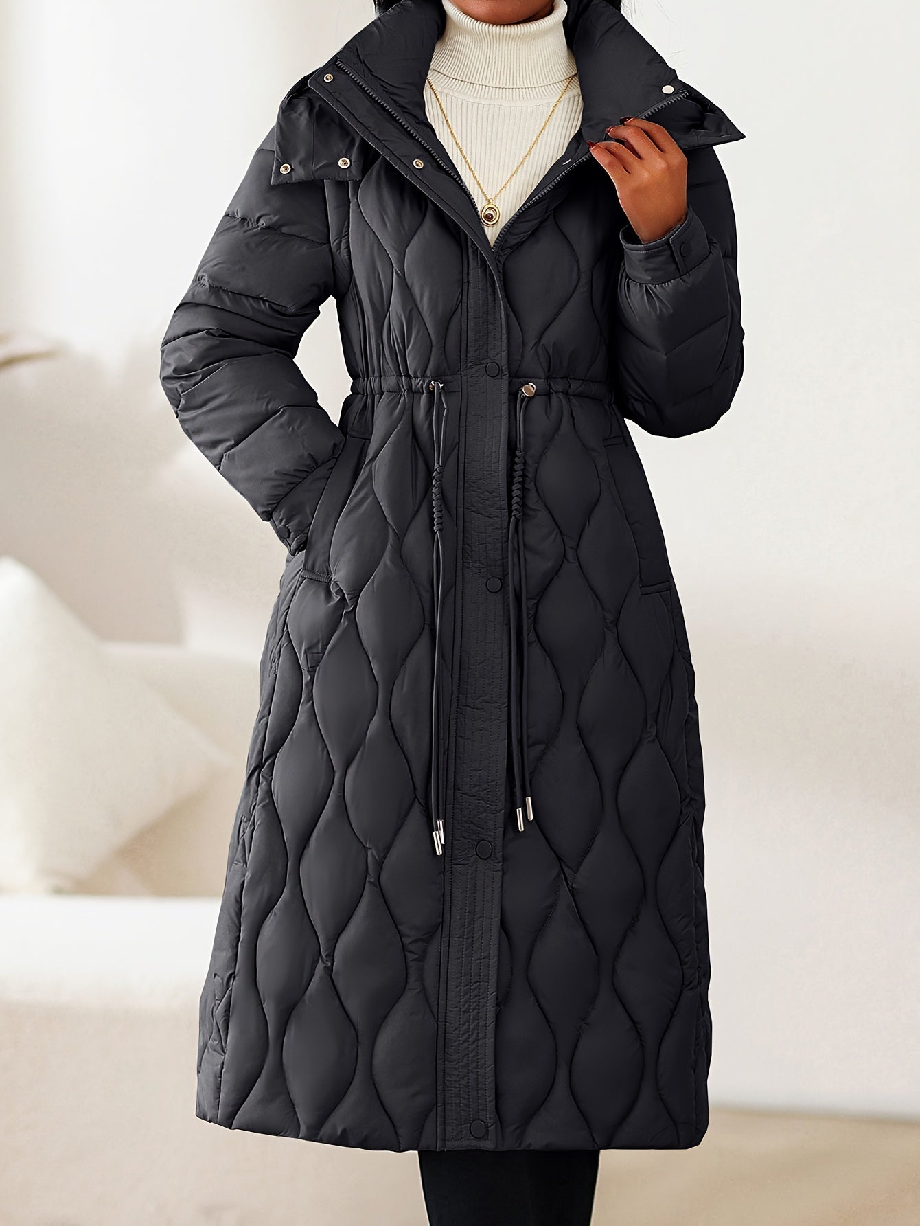 Women’s Winter Coat with Hood – Long Formal & Everyday Outerwear | Belted Waist, Solid Neutral Tones, Zipper Closure | Elegant Cold-Weather Jacket
