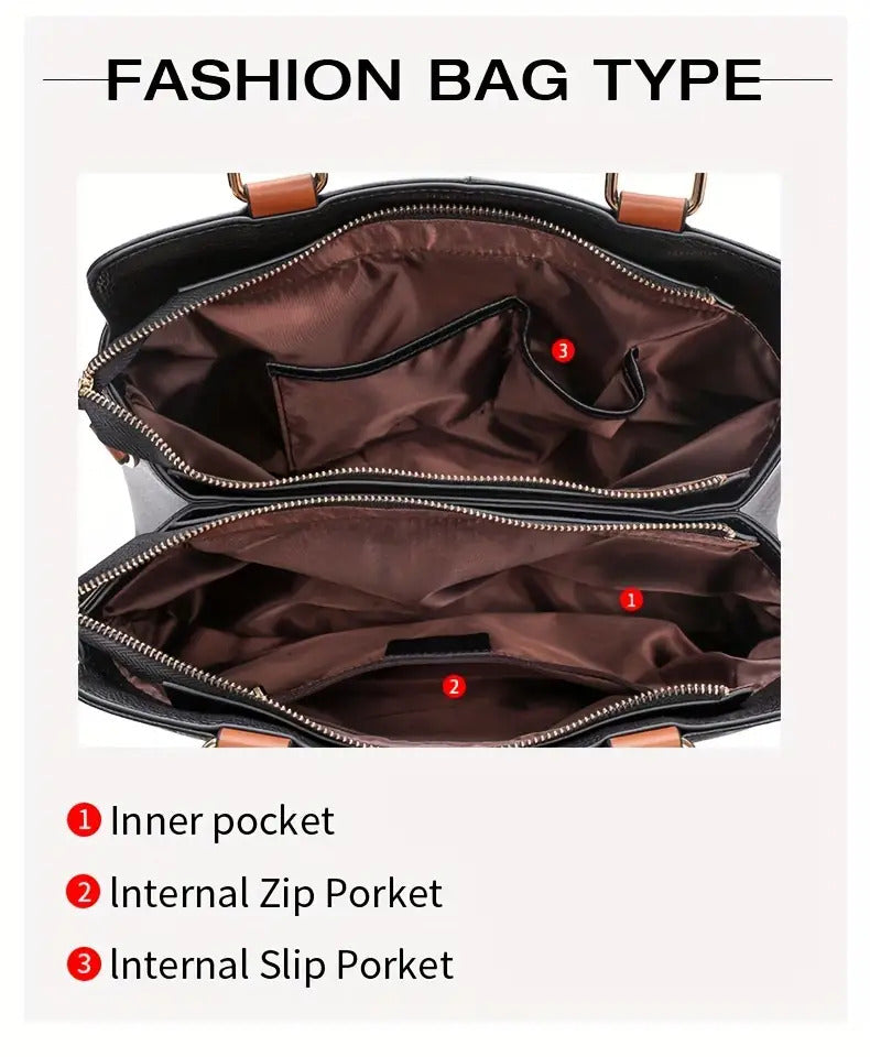 Women’s Genuine Leather Handbag – Black Tote with Brown Accents & Embossed Letter Design (Large Capacity)