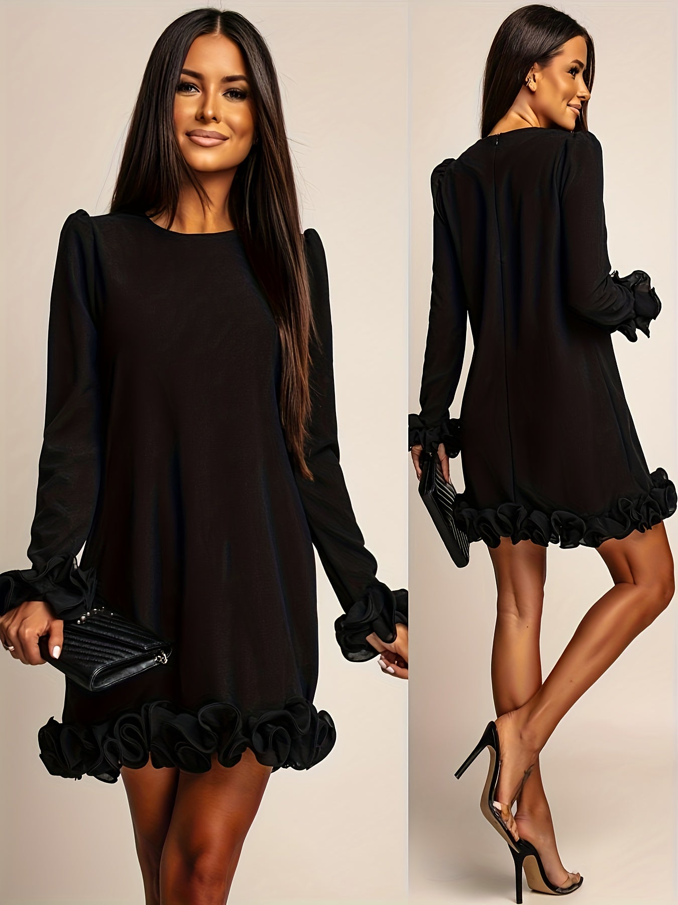 Women’s Black Ruffle Mini Dress – Long Sleeve Crew Neck, A-Line Bodycon | Elegant Knee-Length Dress