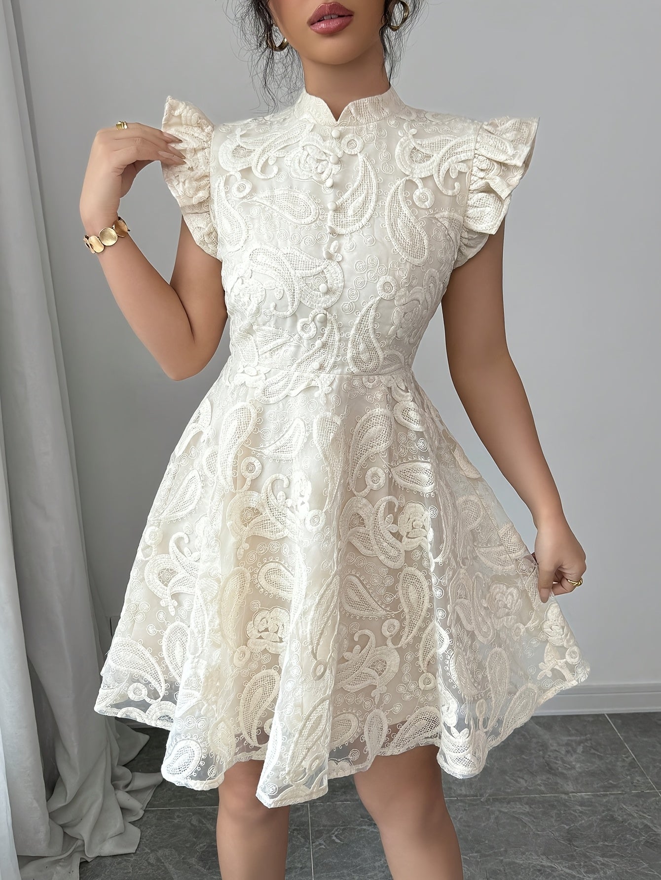 Elegant A-Line Mini Dress with Stand Collar & Contrast Lace Trim – Solid Color Short Sleeve Flared Hem Dress for Spring, Summer & Fall