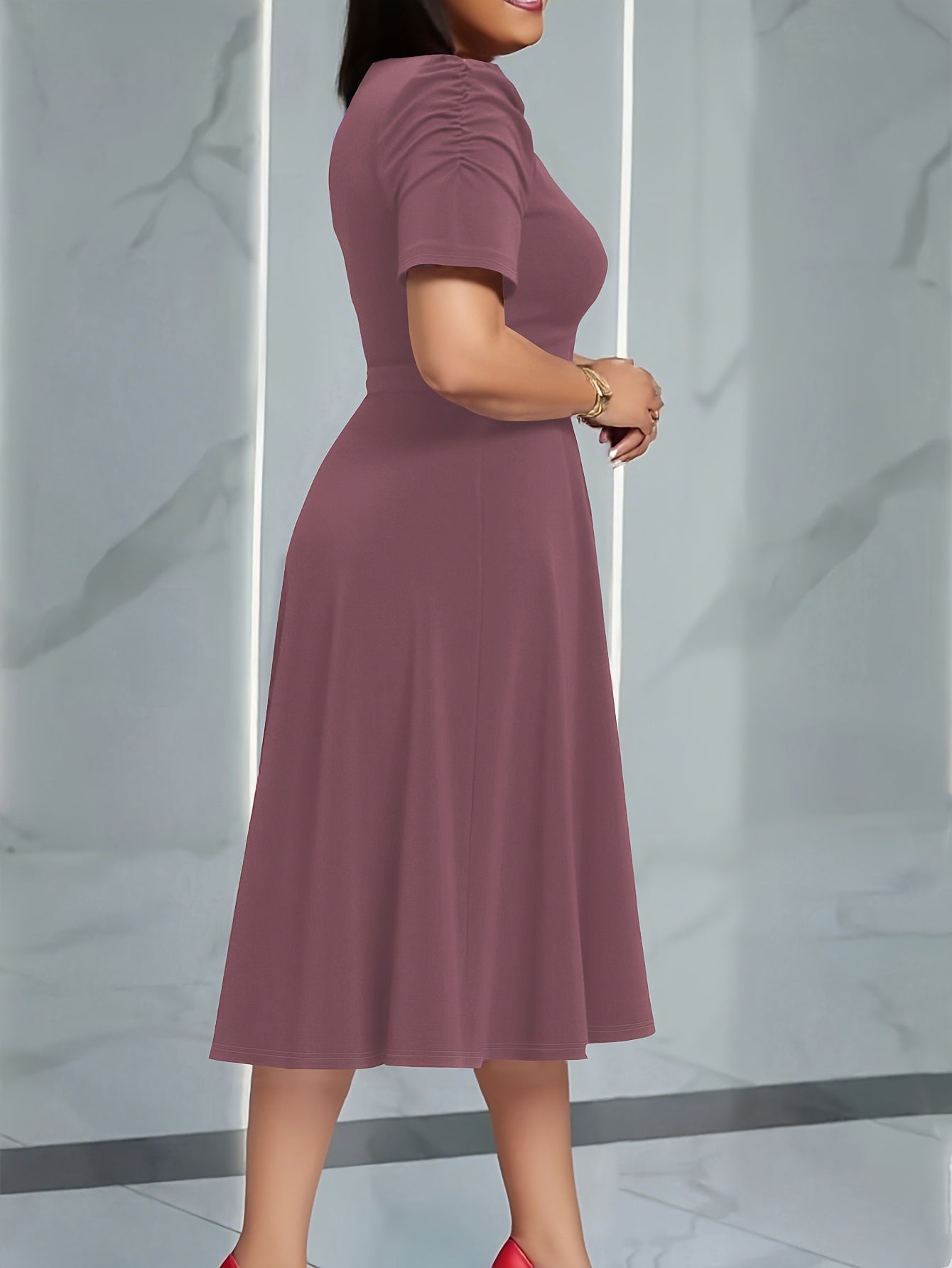 Women’s Elegant V-Neck Ruched Midi Dress – Cinched Waist with Belt | Short Sleeve | Solid Color | Spring/Summer Fashion