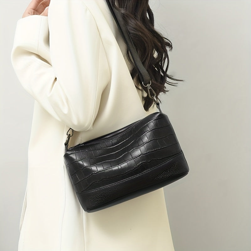 Women’s Large Capacity Genuine Leather Crossbody Bag – Detachable Strap & Golden-Tone Hardware, Structured Round Toe Design