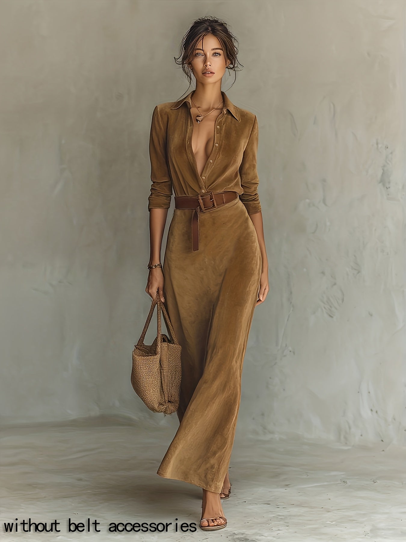 Women’s Elegant Lapel Collar Single-Breasted A-Line Maxi Dress – Long Sleeve Winter Formal Workwear (Belt Not Included) – Brown Tailored Dress
