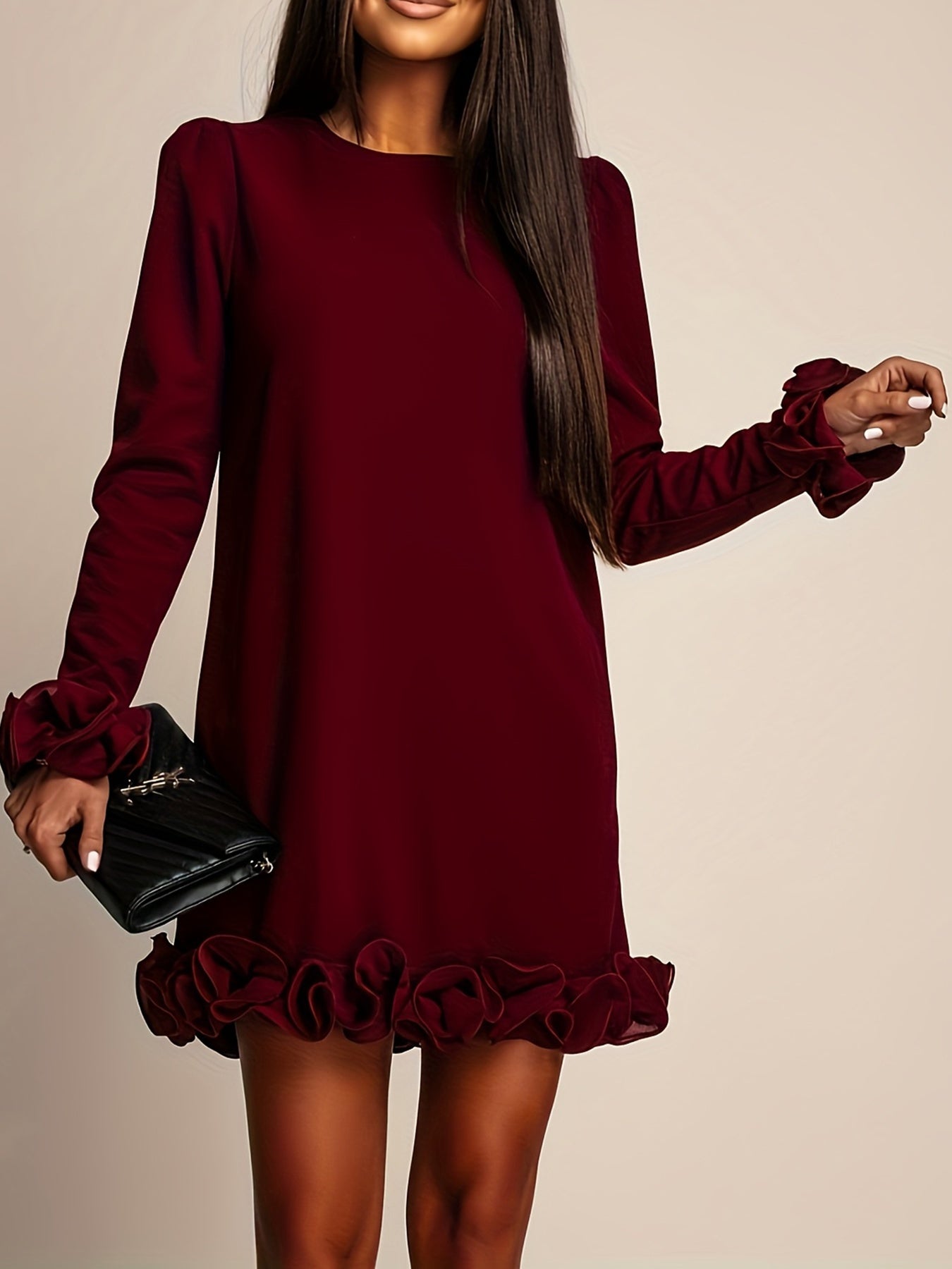 Elegant Long Sleeve Mini Dress for Women – Puff Sleeve, Pleated Detail, Solid Color, Crew Neck | All-Season Peplum Style