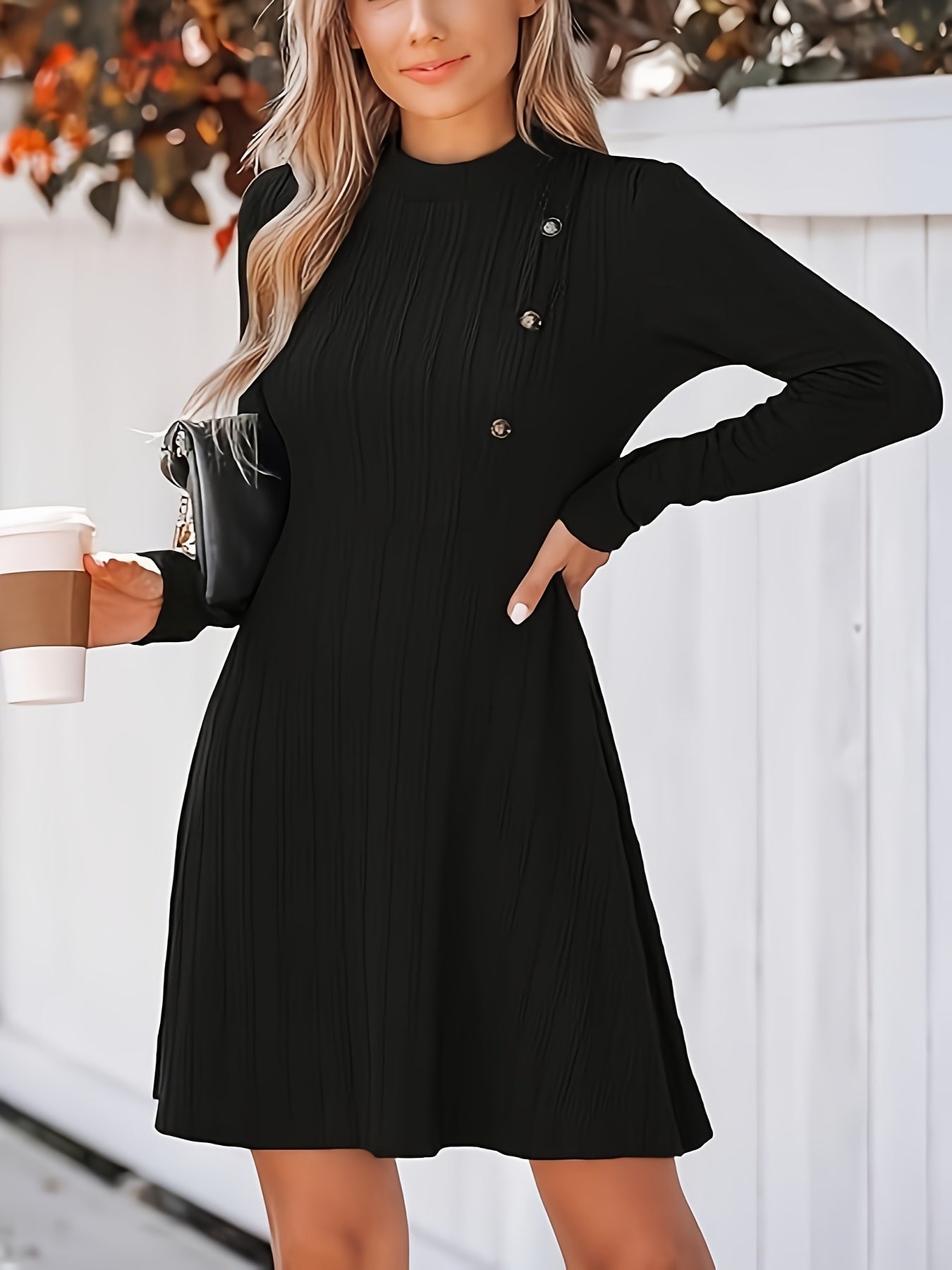 Plus Size Elegant Black Mini Dress – Long Sleeve Button-Front, Fall/Winter Office & Party Wear
