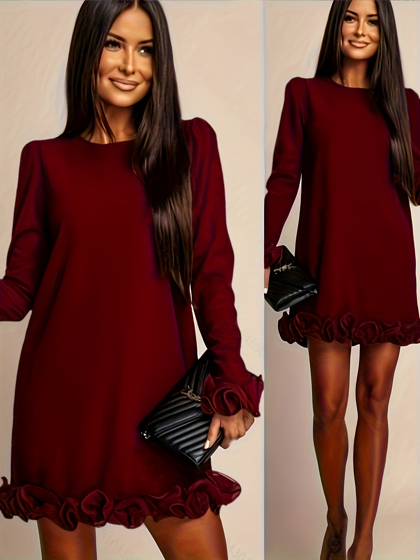 Elegant Long Sleeve Mini Dress for Women – Puff Sleeve, Pleated Detail, Solid Color, Crew Neck | All-Season Peplum Style