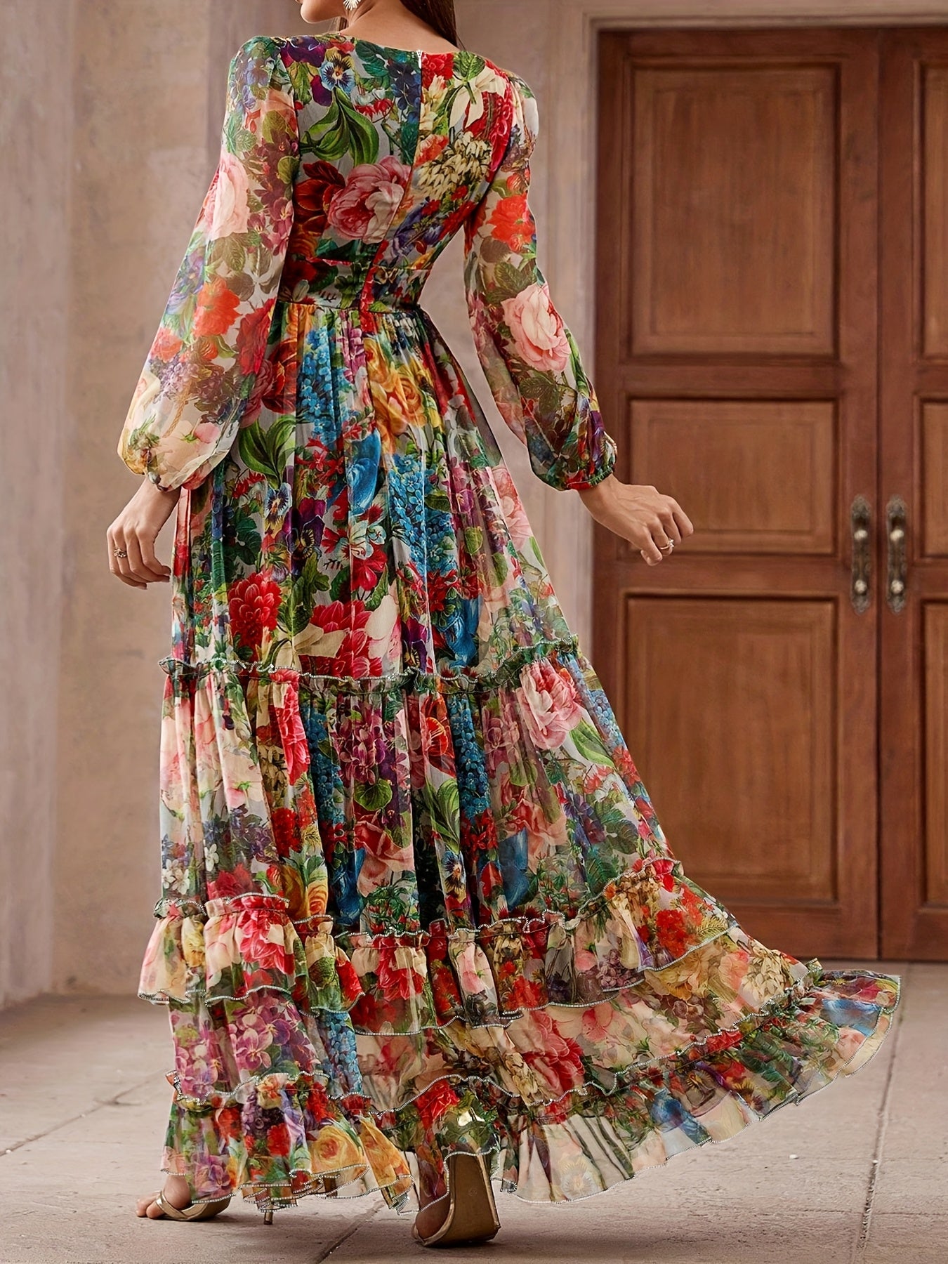 Women’s Elegant Floral Print Maxi Dress – Floor-Length Fit & Flare Evening Gown with Lantern Sleeves and Zipper Back Closure