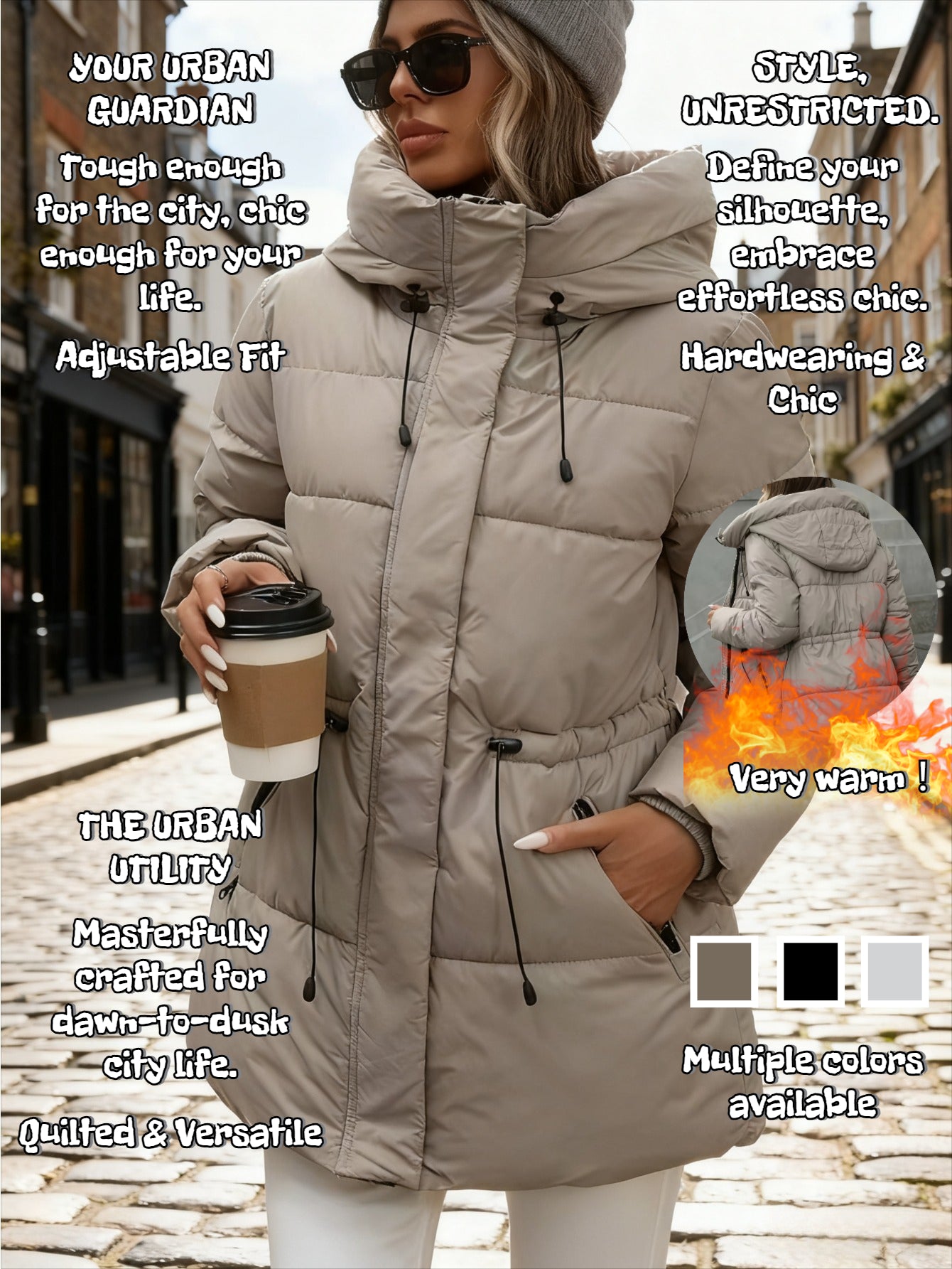 Women’s Quilted Hooded Winter Jacket – Thermal Puffy Design, Adjustable Hood, Warm Solid Winter Coat