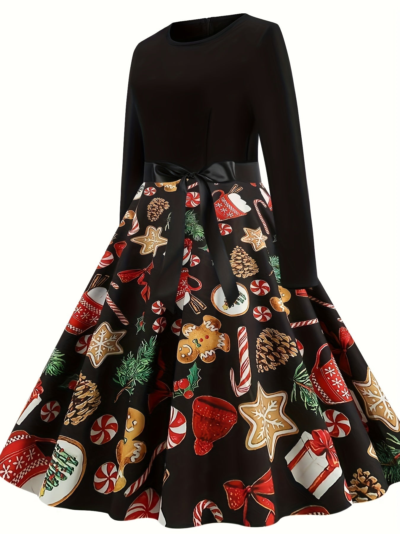 Women's Vintage Christmas Midi Dress – Long Sleeve Holiday Party Dress with Belt, Navy/Red Festive Print, All-Season A-Line