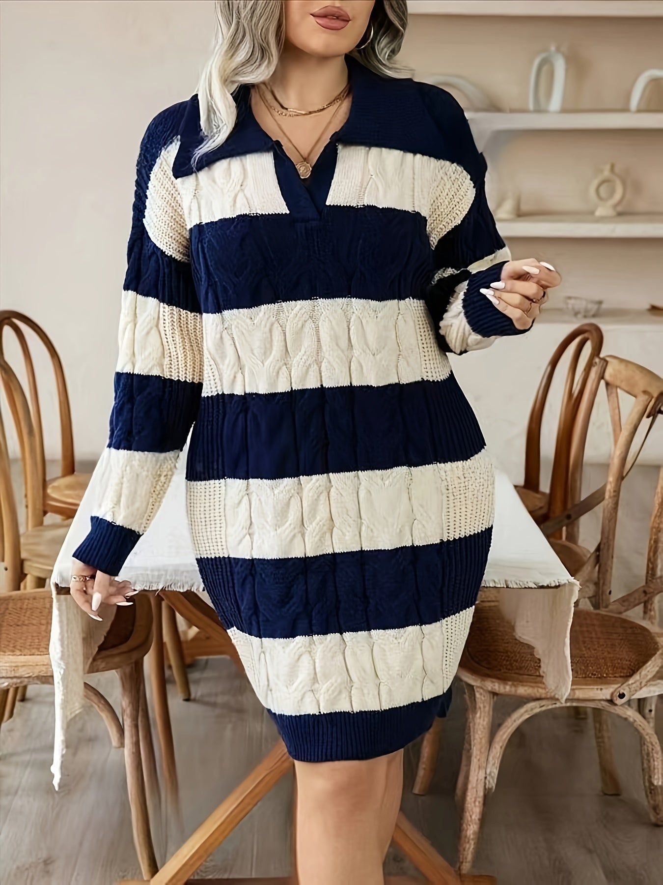 Plus Size Women’s Elegant Striped Sweater Dress – Long Sleeve A-Line Midi | Lapel Collar | Fall/Winter Knit Dress