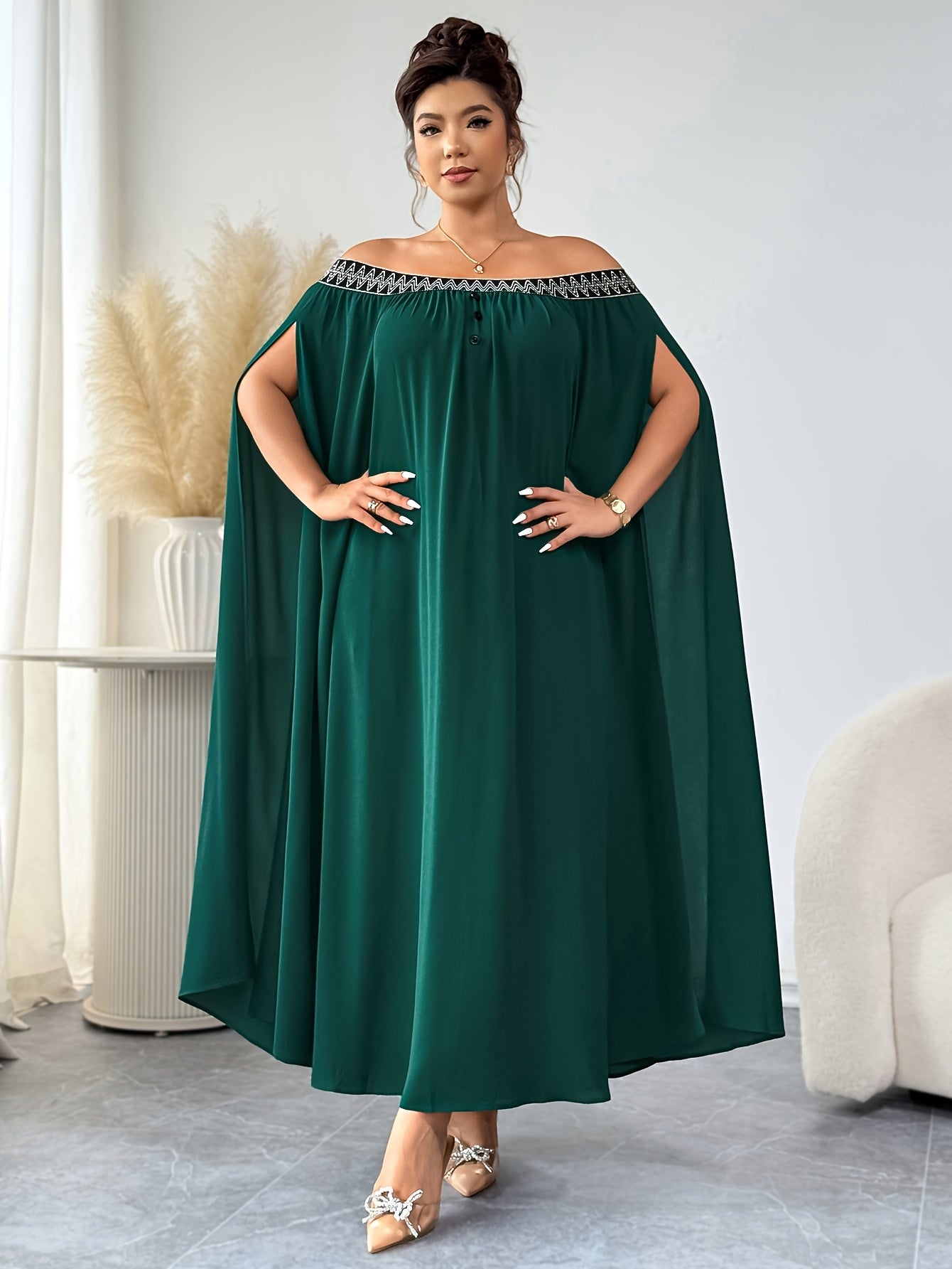 Plus Size Elegant Off-Shoulder Maxi Dress – Ruffled Sleeves, Lace Detailing, Solid Green, Fall/Winter Plus Size Women’s Fashion Dress