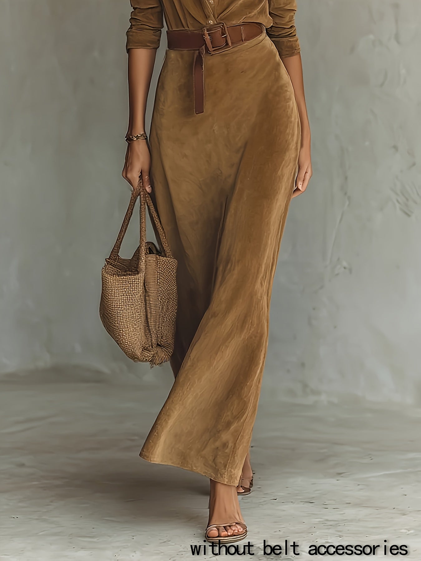 Women’s Elegant Lapel Collar Single-Breasted A-Line Maxi Dress – Long Sleeve Winter Formal Workwear (Belt Not Included) – Brown Tailored Dress