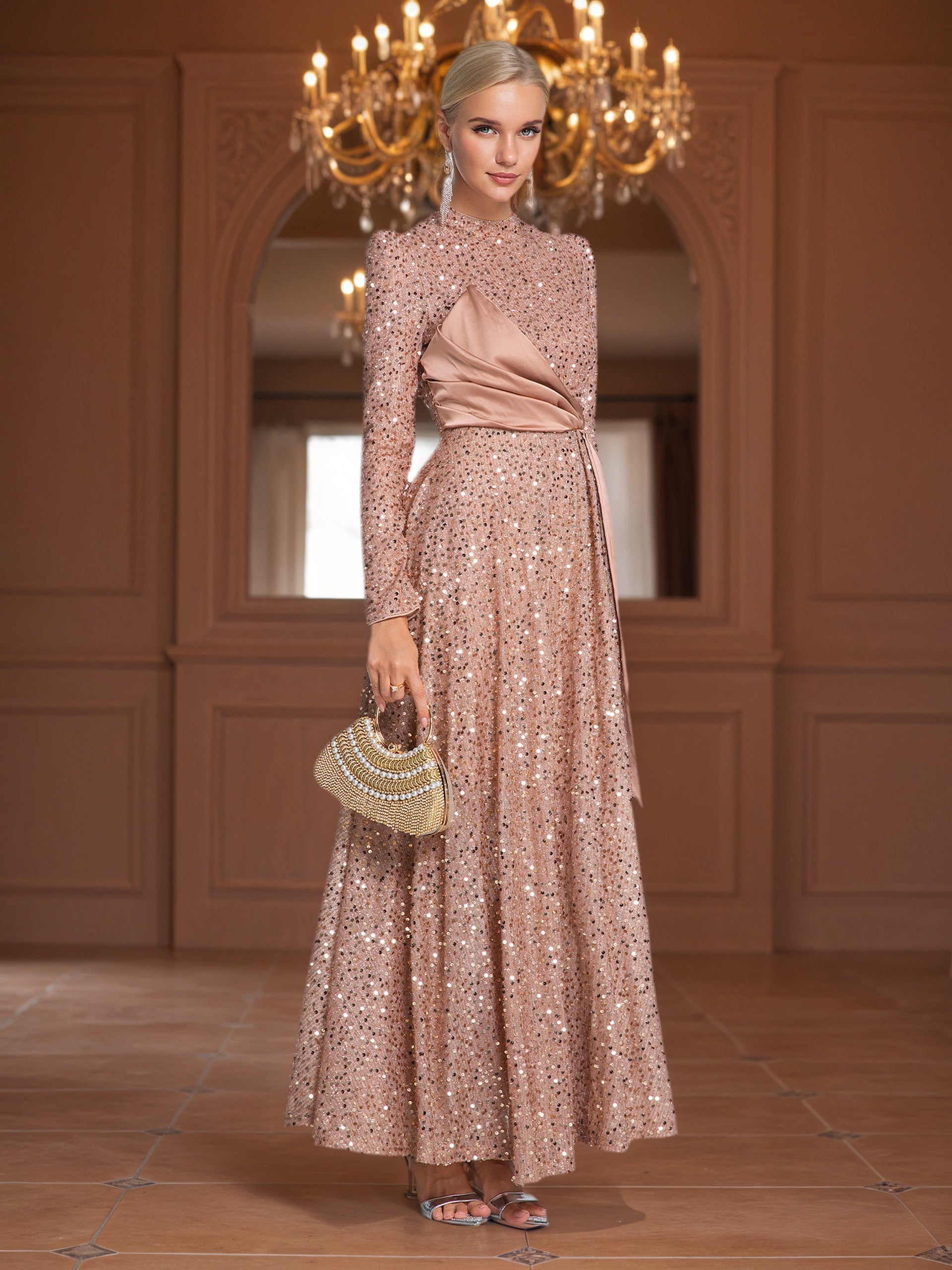 Women’s Elegant Winter Wedding & Special Occasion Maxi Dress – Long Sleeve, High-Neck, Asymmetrical Train, Padded Bust, Fit & Flare Silhouette