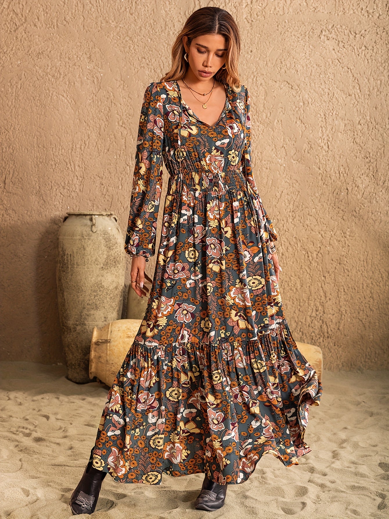 Women’s Bohemian Multi-Color A-Line Maxi Dress – V-Neck Long Sleeve Floor-Length Fall/Winter Party & Wedding Guest Dress (Green/Brown/Black/Beige/Taupe)