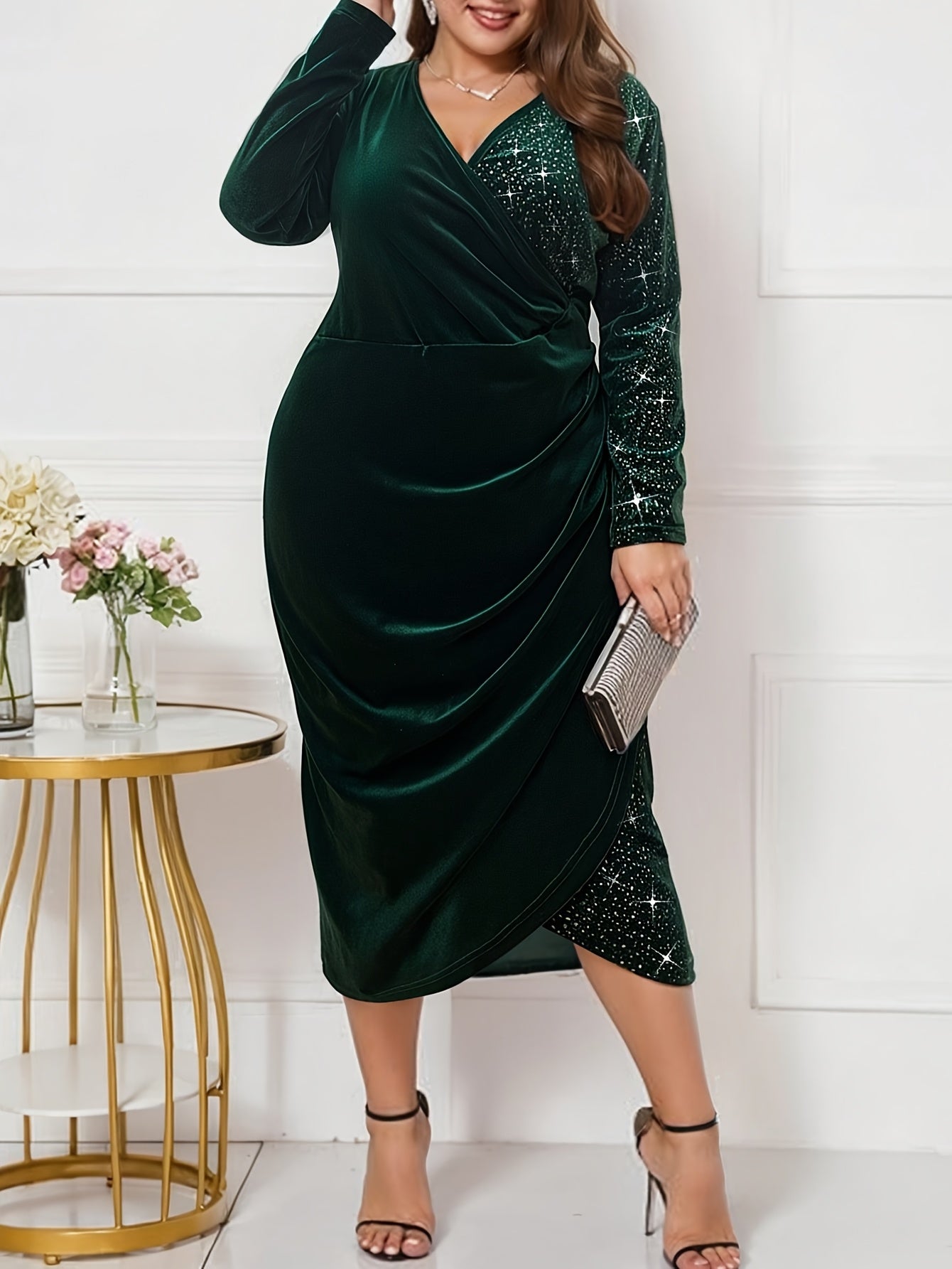 Plus Size Elegant V-Neck Maxi Dress with Sparkling Silver Accents – Long Sleeve, Stretchy Fabric, Flowing Fall & Winter Formal Evening Wear