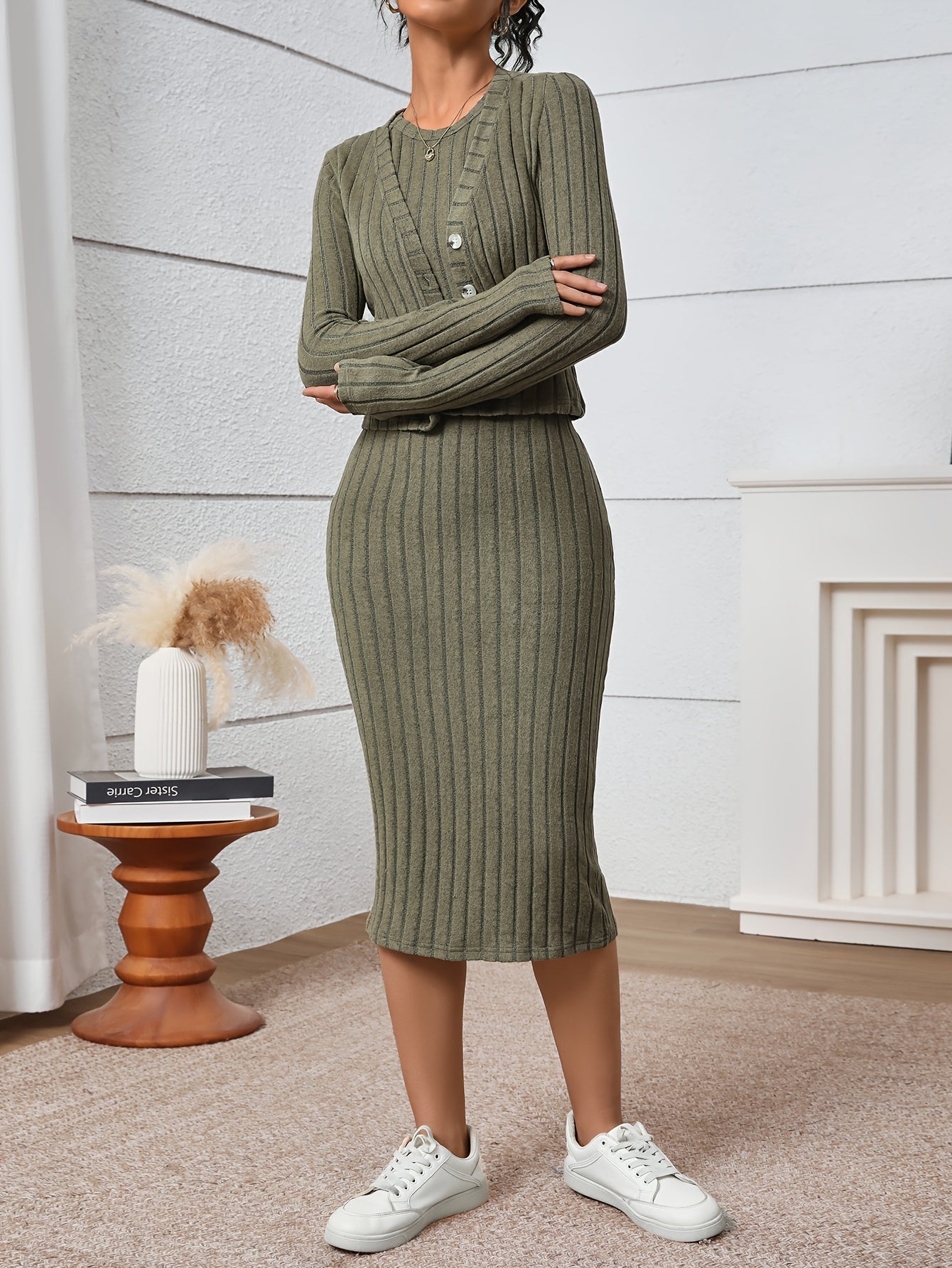 Women’s Elegant Slim-Fit Two-Piece Dress Set – Long Sleeve Cardigan + Bodycon Midi Dress | High Stretch | Fall/Winter Fashion