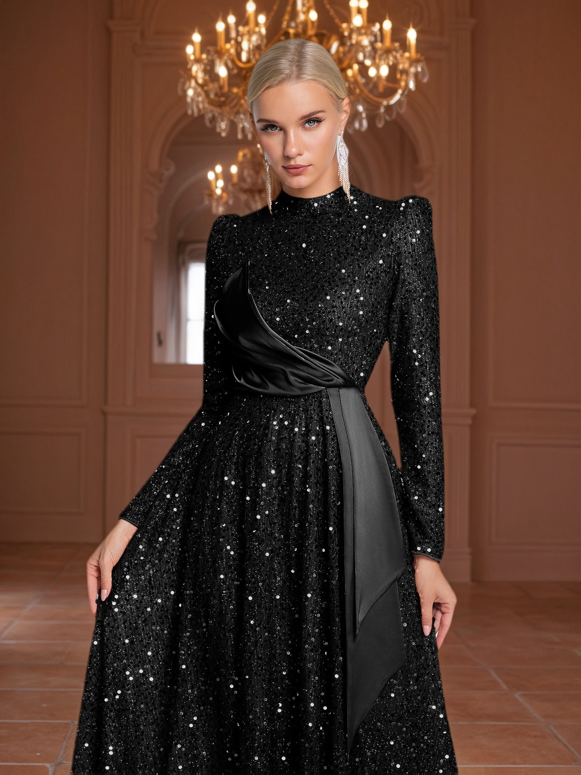 Women’s Elegant Winter Wedding & Special Occasion Maxi Dress – Long Sleeve, High-Neck, Asymmetrical Train, Padded Bust, Fit & Flare Silhouette