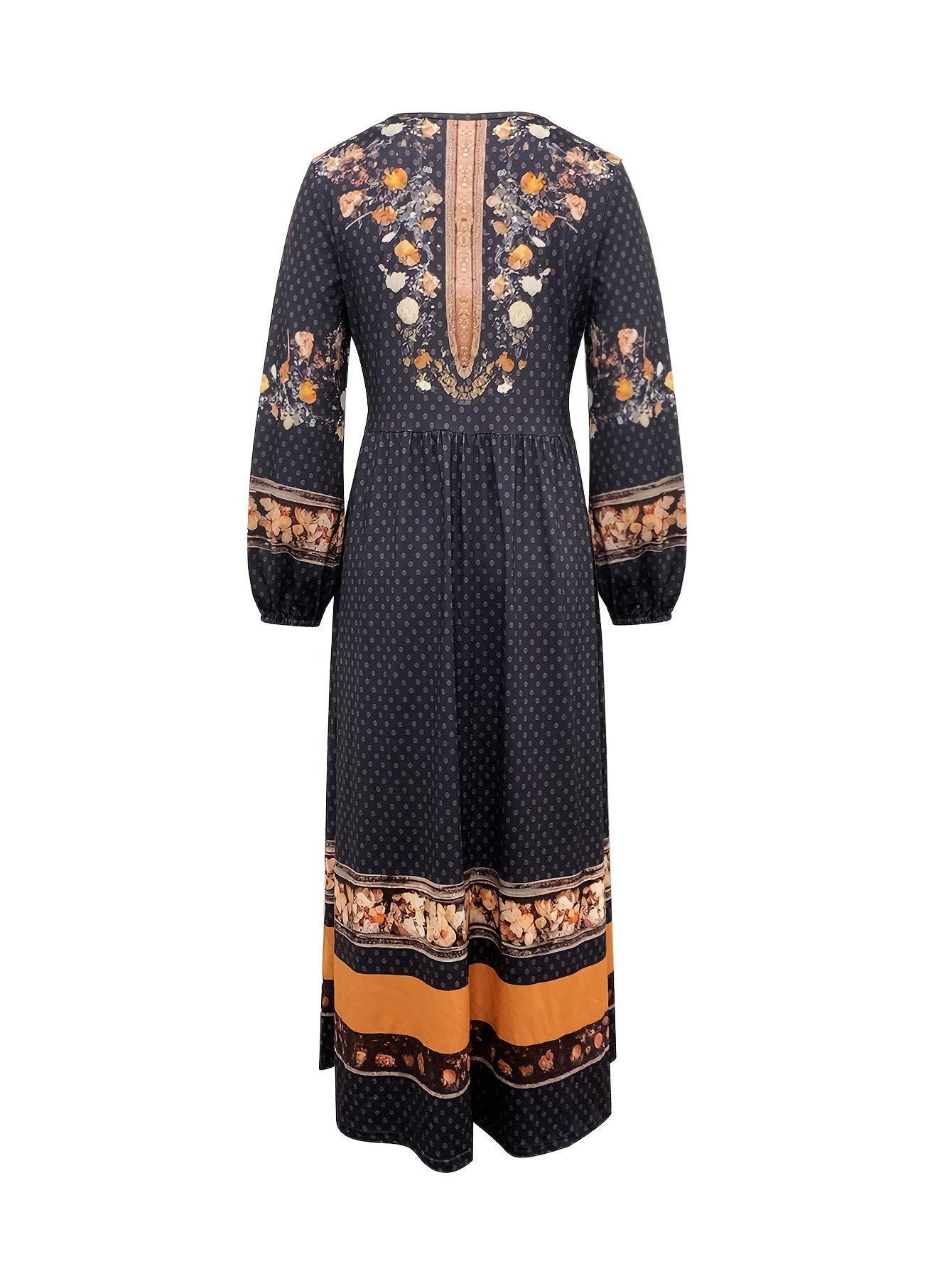 Women’s Bohemian Floral Print Maxi Dress with Puff Sleeves – Long Sleeve A-Line Winter Dress with Pockets (Navy & Orange)