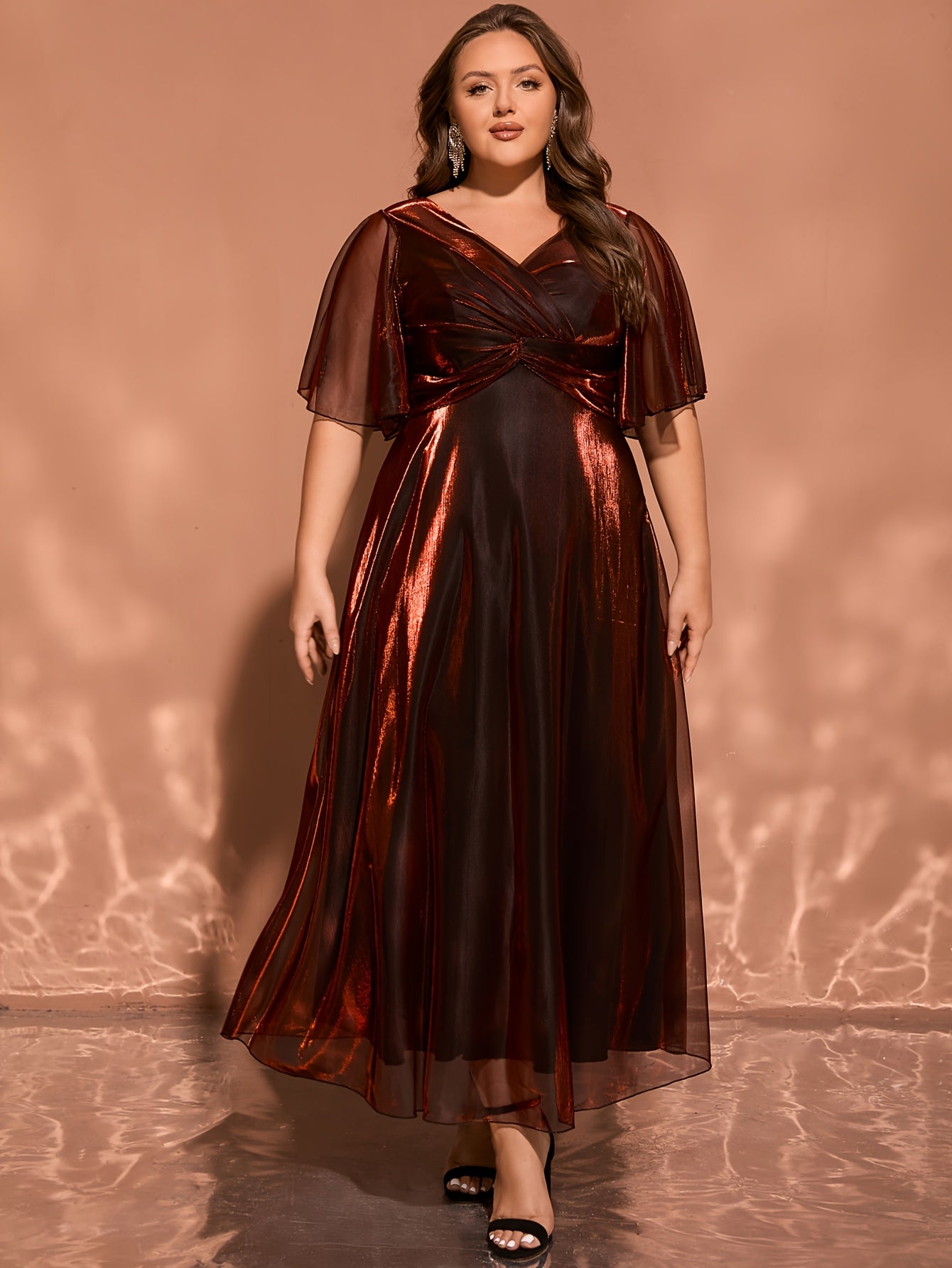 Elegant Plus Size V-Neck Midi Dress – Ruffle Sleeves & Side Slit | Gradient Mesh Overlay | Purple & Golden Highlight