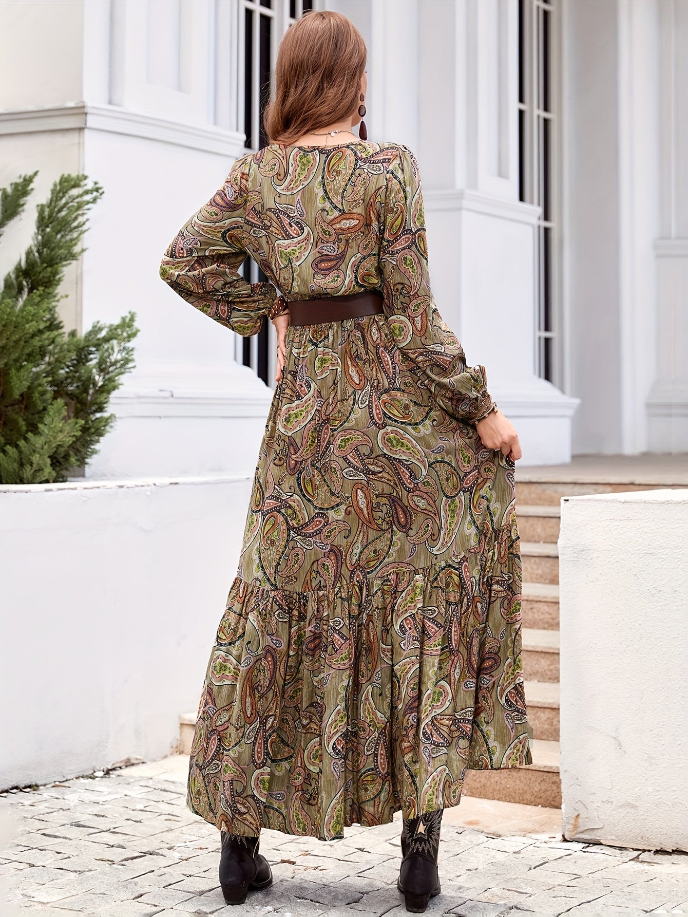 Women’s Bohemian Multi-Color A-Line Maxi Dress – V-Neck Long Sleeve Floor-Length Fall/Winter Party & Wedding Guest Dress (Green/Brown/Black/Beige/Taupe)