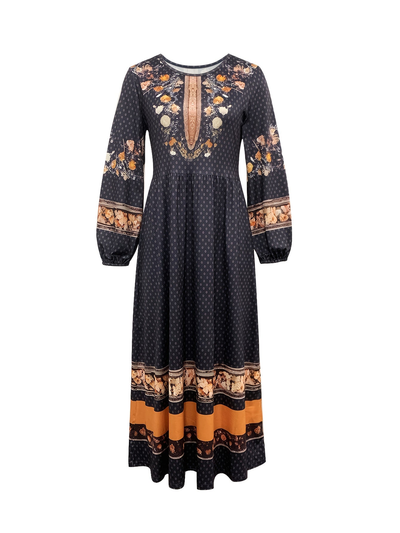 Women’s Bohemian Floral Print Maxi Dress with Puff Sleeves – Long Sleeve A-Line Winter Dress with Pockets (Navy & Orange)