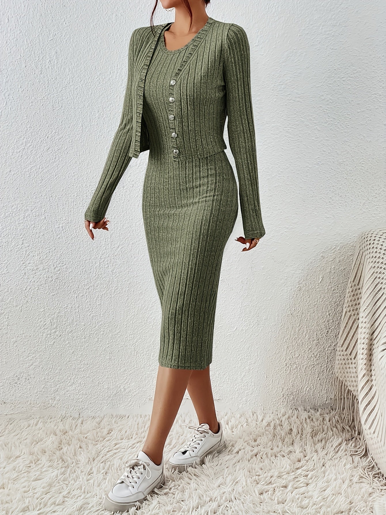 Women’s Elegant Slim-Fit Two-Piece Dress Set – Long Sleeve Cardigan + Bodycon Midi Dress | High Stretch | Fall/Winter Fashion