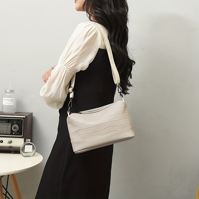 Women’s Large Capacity Genuine Leather Crossbody Bag – Detachable Strap & Golden-Tone Hardware, Structured Round Toe Design