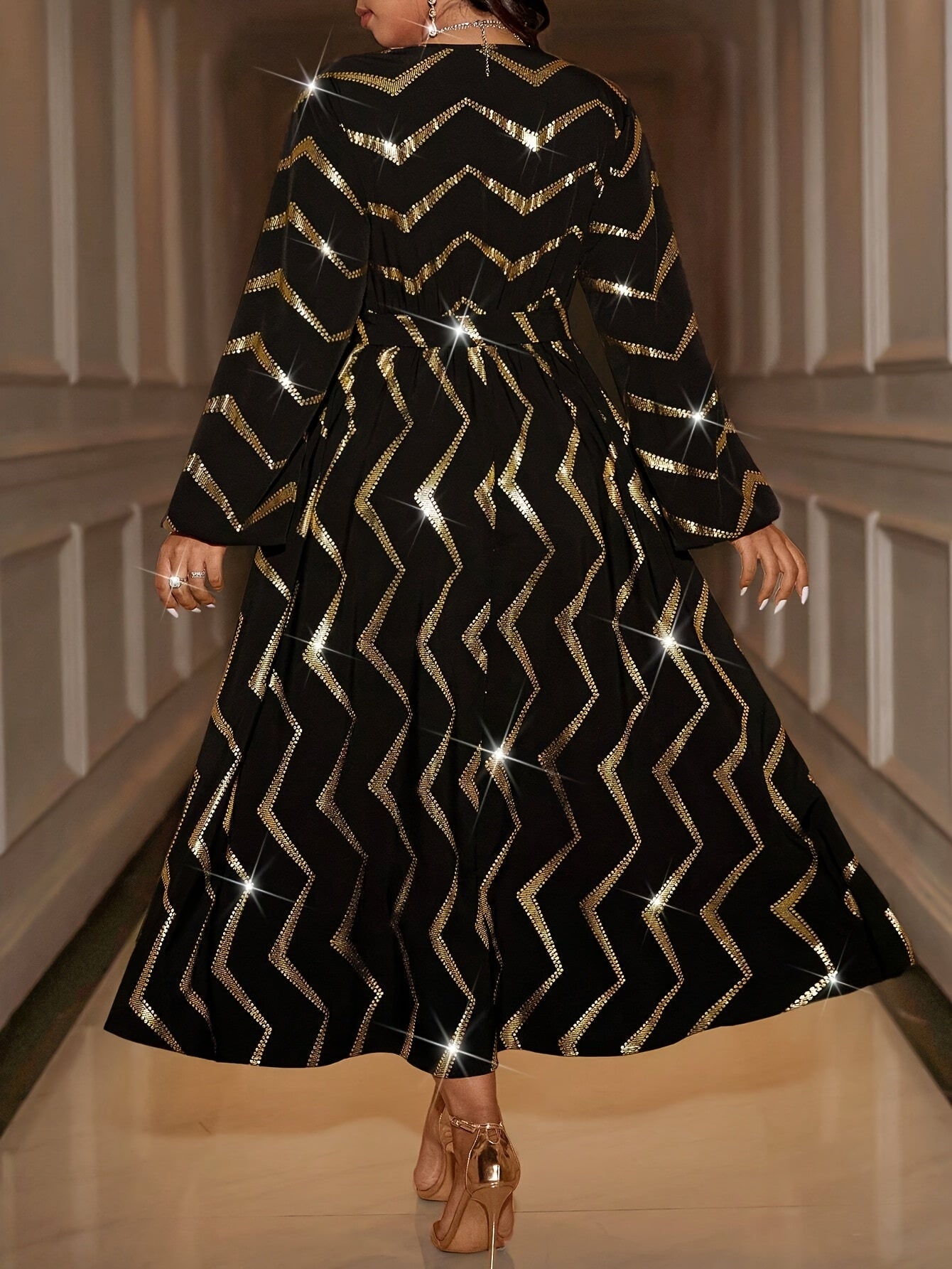 Plus Size Women’s Elegant Black & Golden A-Line Maxi Dress with Belt – Long Sleeve Fall/Winter Formal Gown