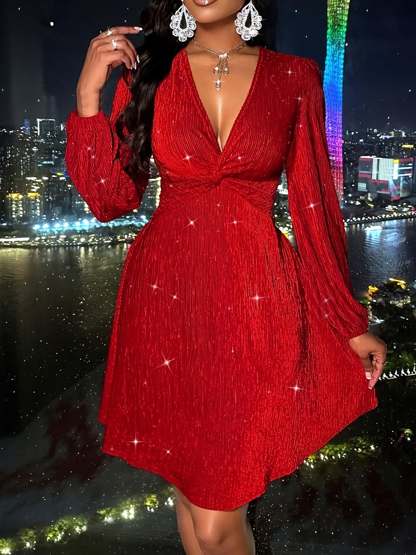 Women's Christmas Elegant Deep V-Neck Twist Front Party Dress – Lantern Sleeves, Sparkle Detail, Fall/Winter A-Line Cocktail Dress