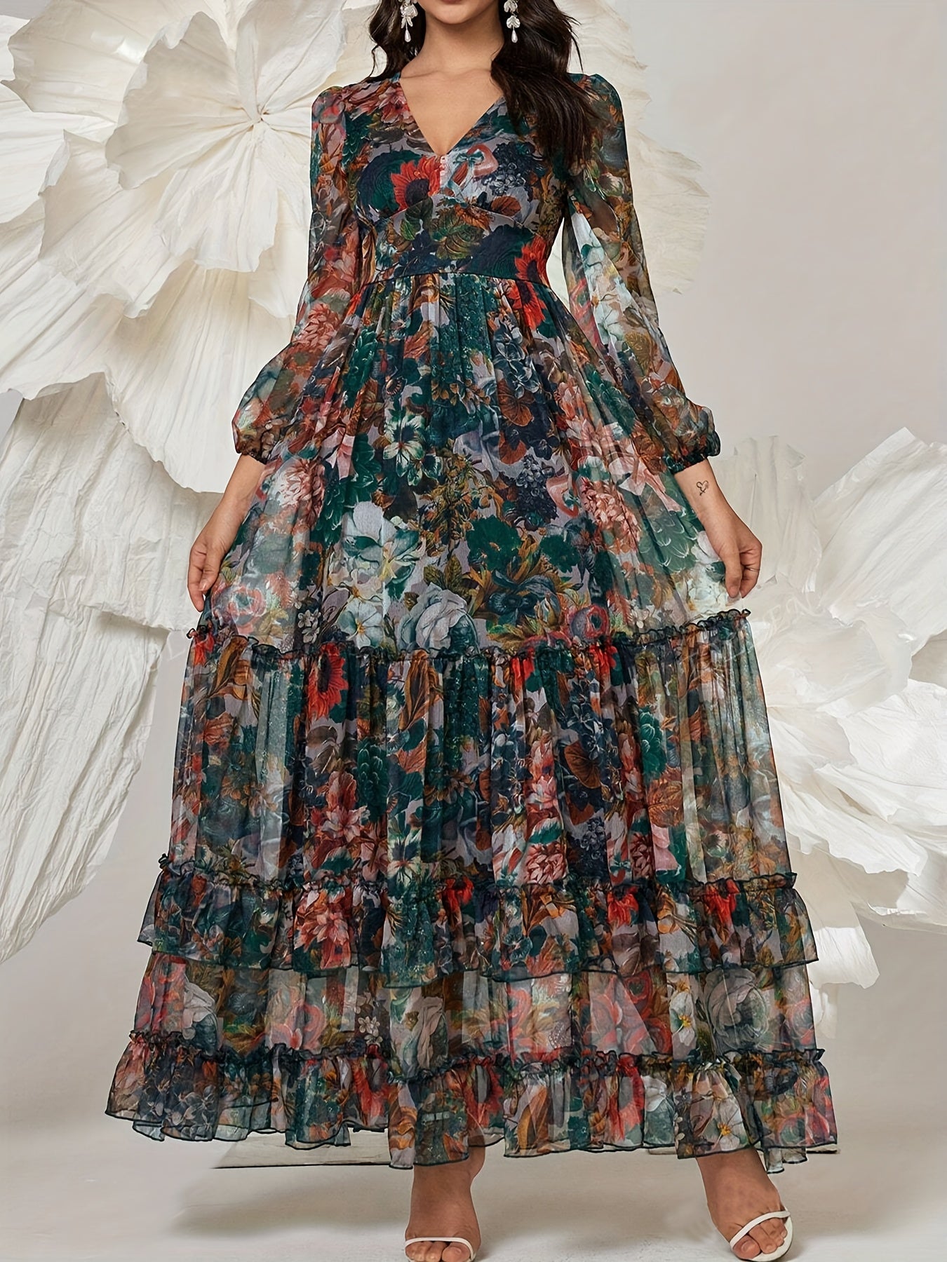 Women’s Elegant Floral Print Maxi Dress – Floor-Length Fit & Flare Evening Gown with Lantern Sleeves and Zipper Back Closure