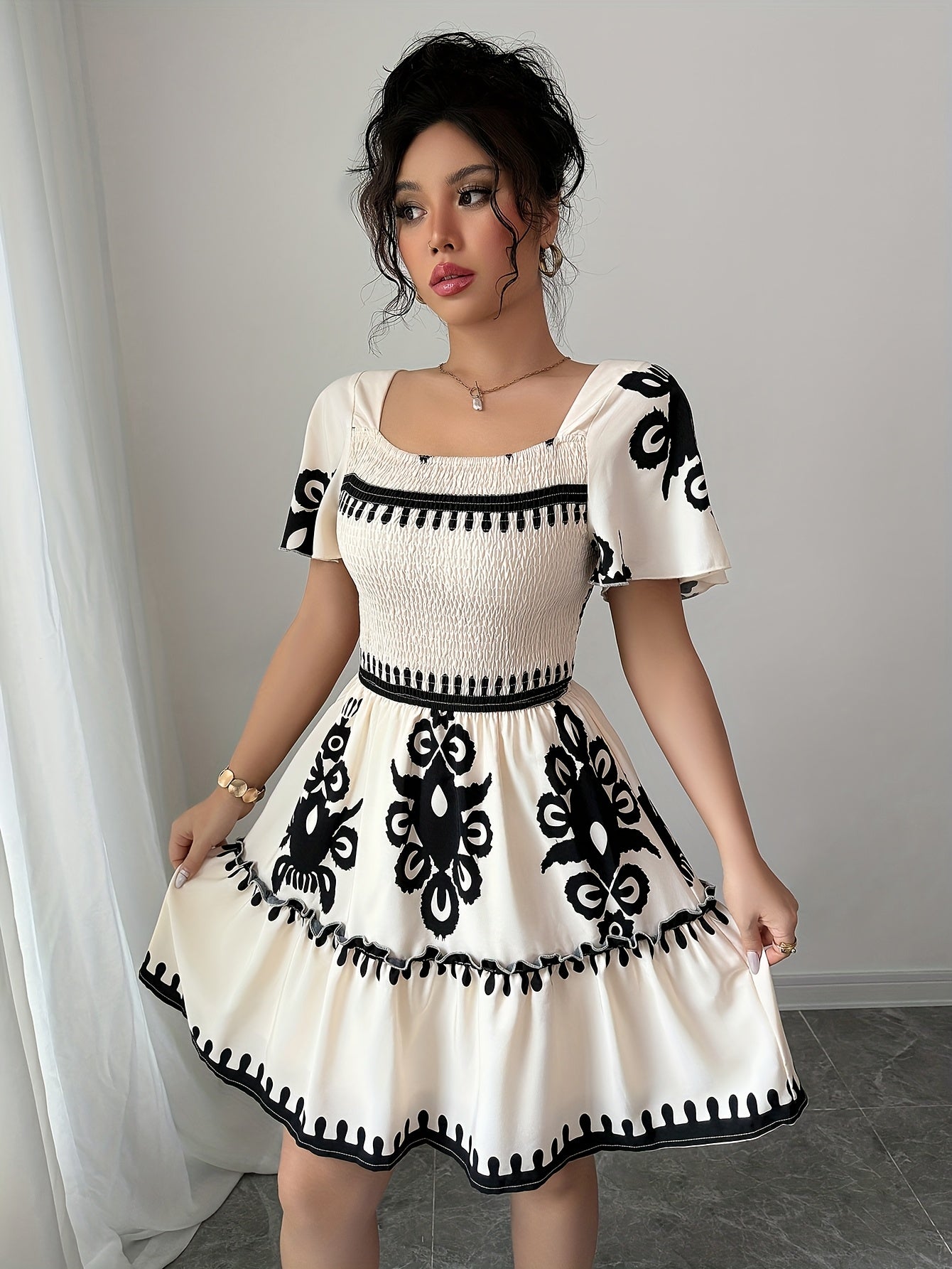 Elegant Printed Square Neck Mini Dress – Pleated A-Line Silhouette with Cinched Waist & Ruffled Edges