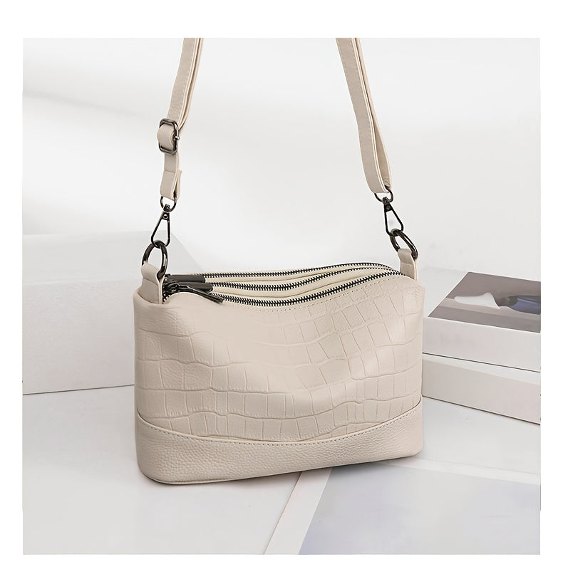 Women’s Large Capacity Genuine Leather Crossbody Bag – Detachable Strap & Golden-Tone Hardware, Structured Round Toe Design