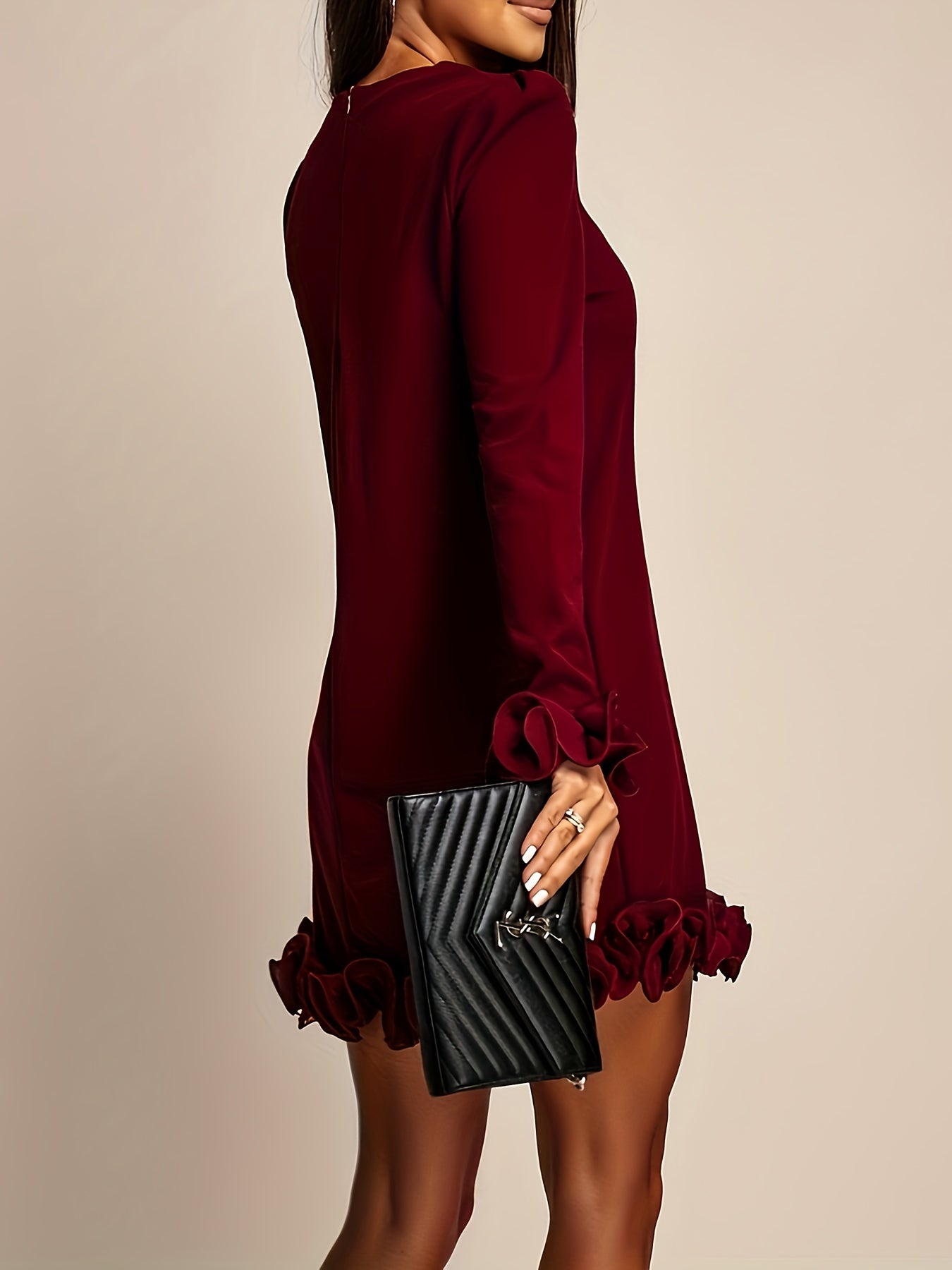 Elegant Long Sleeve Mini Dress for Women – Puff Sleeve, Pleated Detail, Solid Color, Crew Neck | All-Season Peplum Style