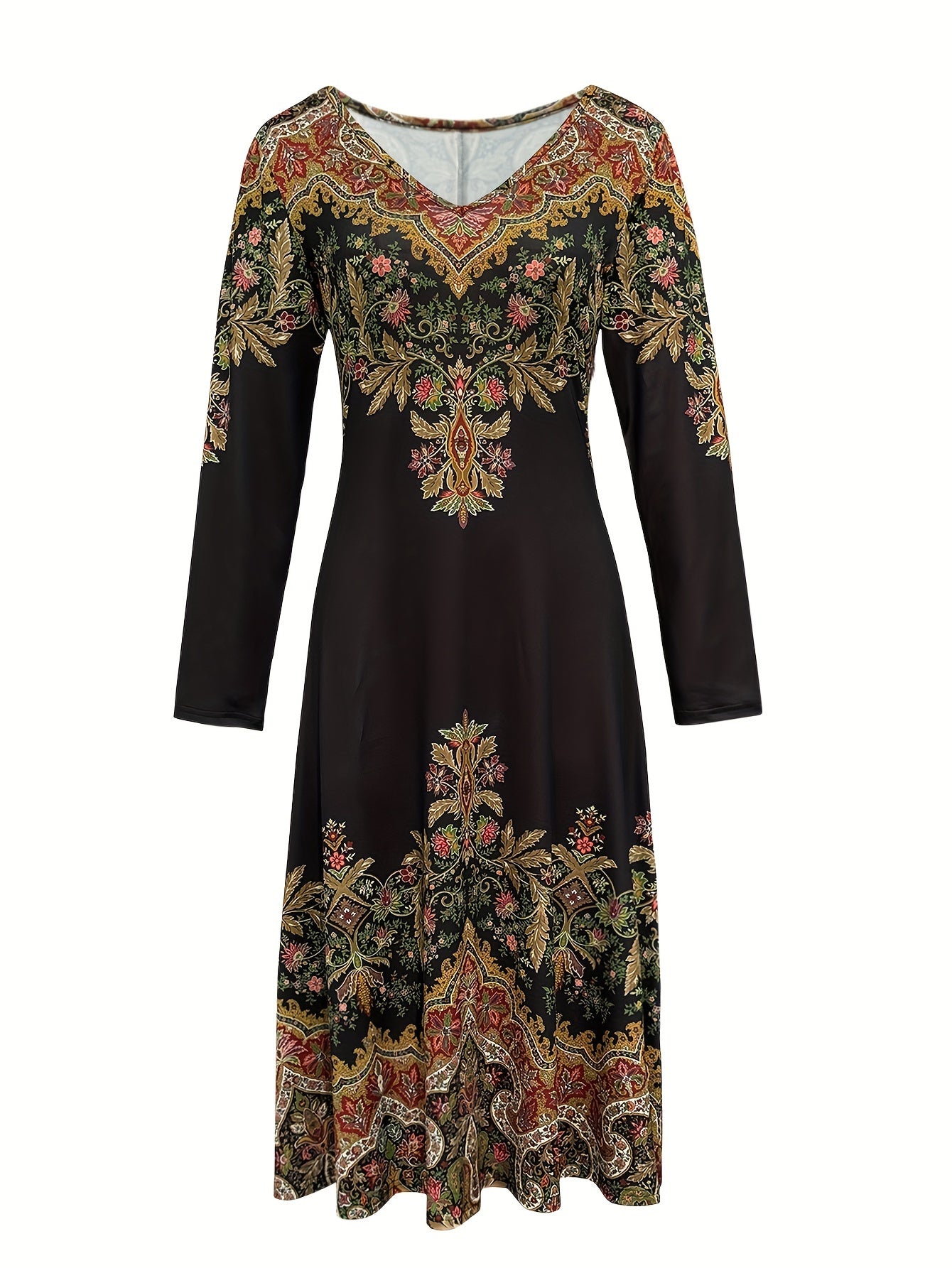 Women’s Elegant Vintage Paisley Print Maxi Dress – Long Sleeve V-Neck A-Line Fall/Winter Dress (Golden Red & Brown)